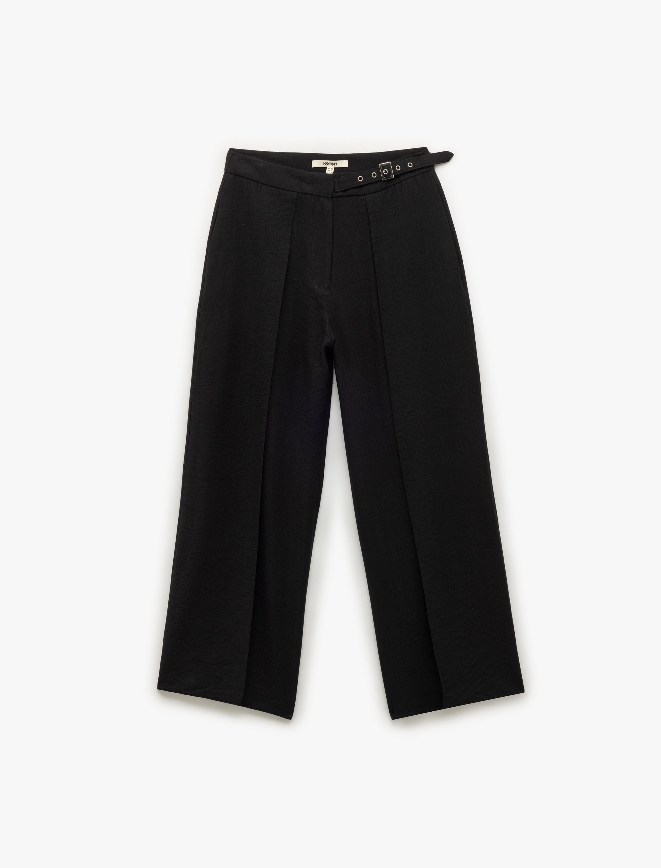   Viskon Karışımlı Yarım Kemer Detaylı Nervürlü Düz Bol Paça Pantolon