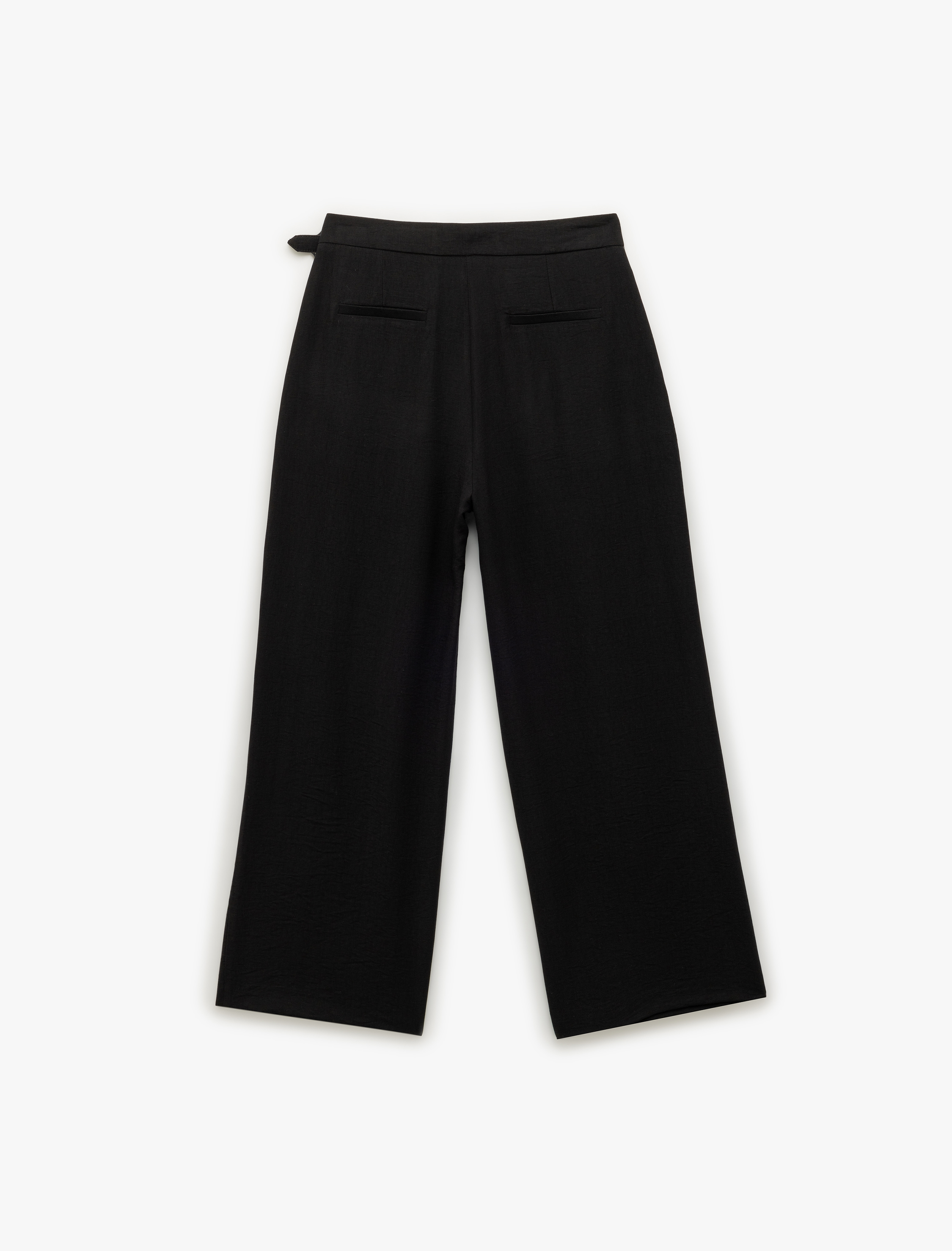   Viskon Karışımlı Yarım Kemer Detaylı Nervürlü Düz Bol Paça Pantolon