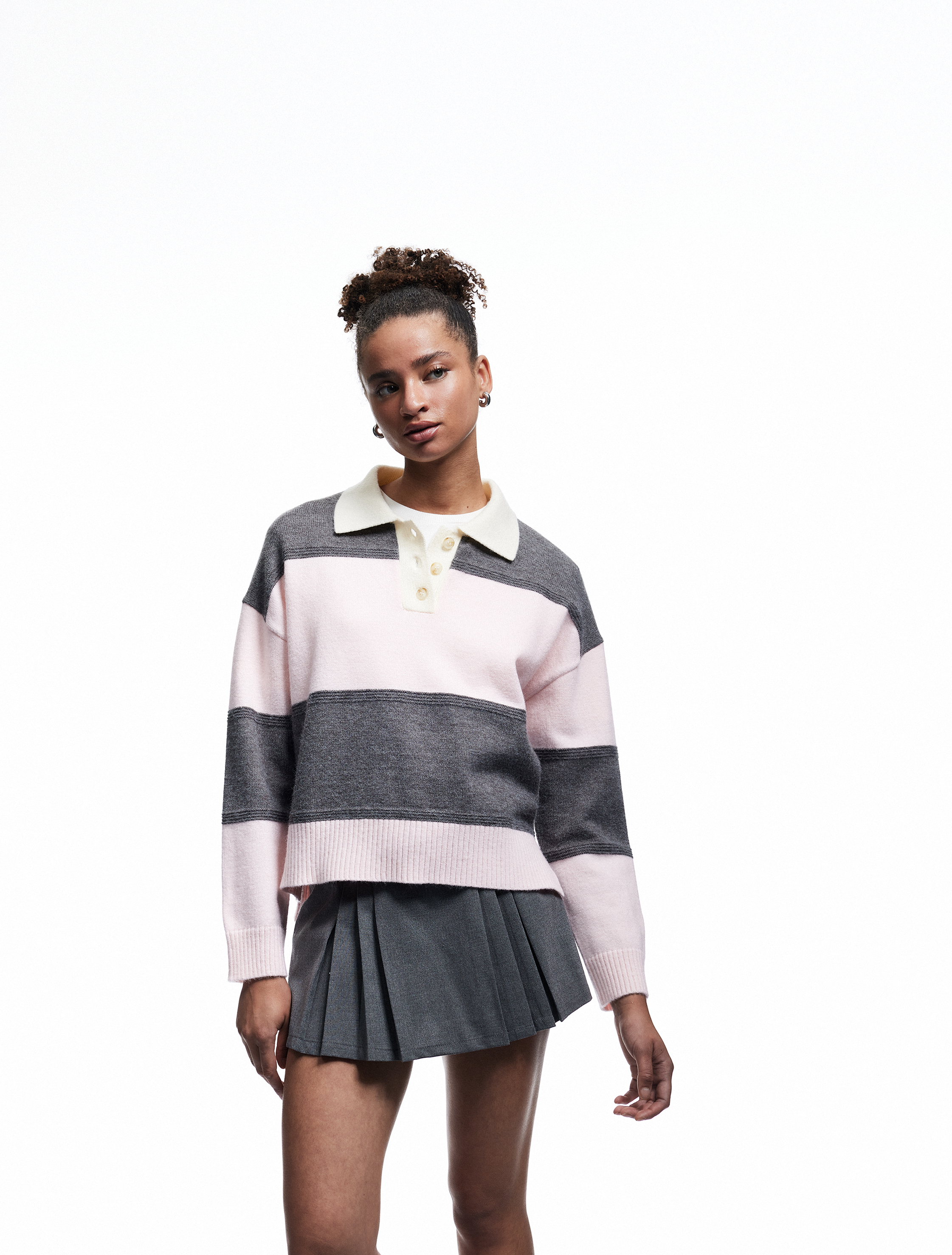   Polo Yaka Çizgili Triko Kazak