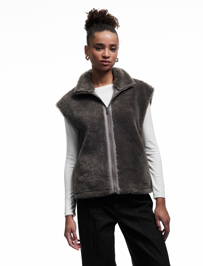  Fermuarlı Uzun Şal Yaka Peluş Yelek