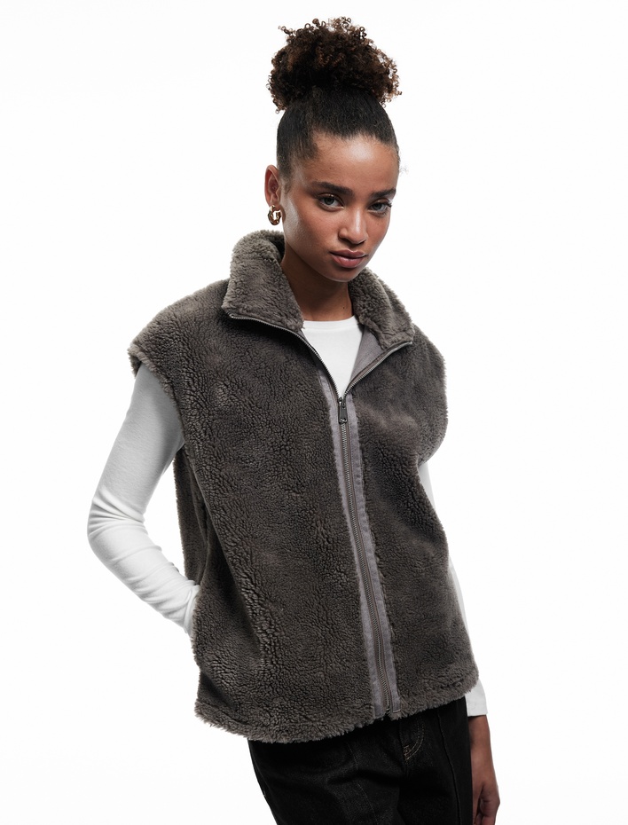  Fermuarlı Uzun Şal Yaka Peluş Yelek