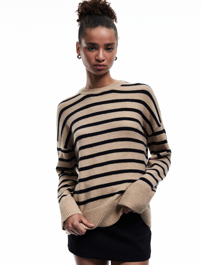  Çizgili Bisiklet Yaka Triko Kazak