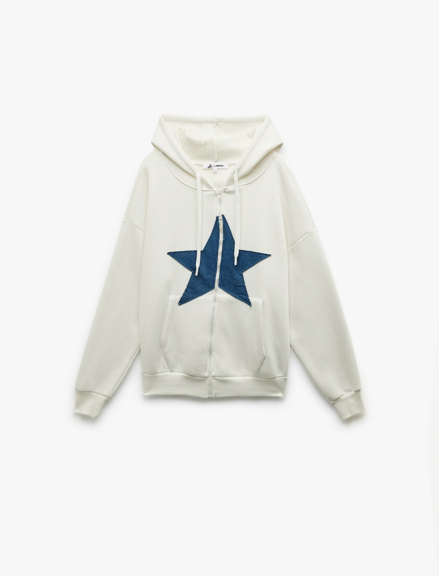   Şardonlu Kapüşonlu Yıldız Aplikeli Fermuarlı Sweatshirt
