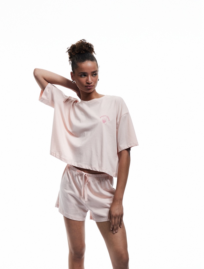  Pamuklu Beli Bağcıklı Kısa Kollu Şortlu Pijama Takımı