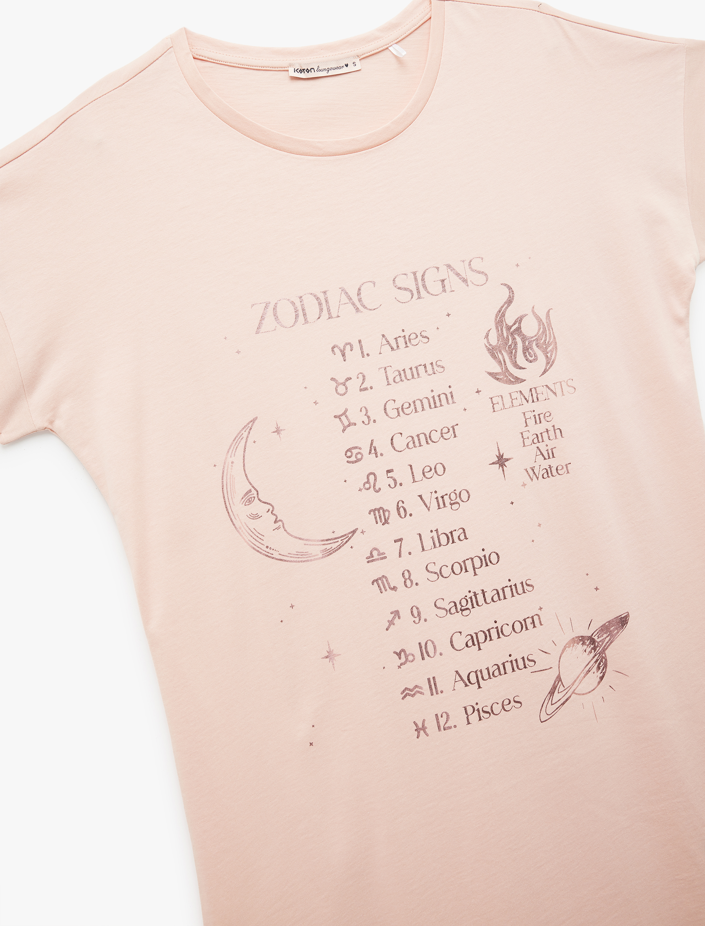   Pamuklu Kısa Kollu Bisiklet Yaka Astroloji Temalı Baskılı Gecelik