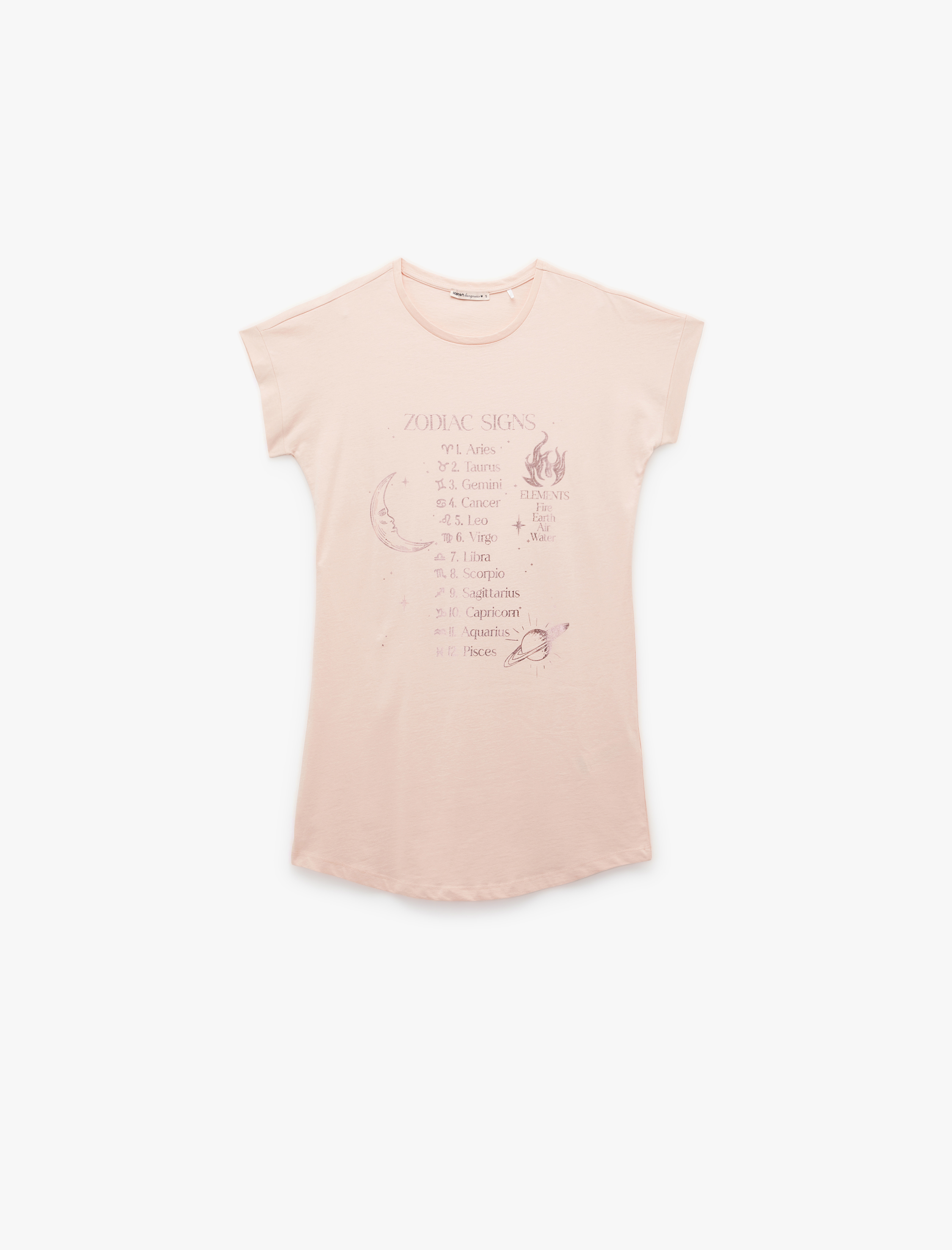   Pamuklu Kısa Kollu Bisiklet Yaka Astroloji Temalı Baskılı Gecelik