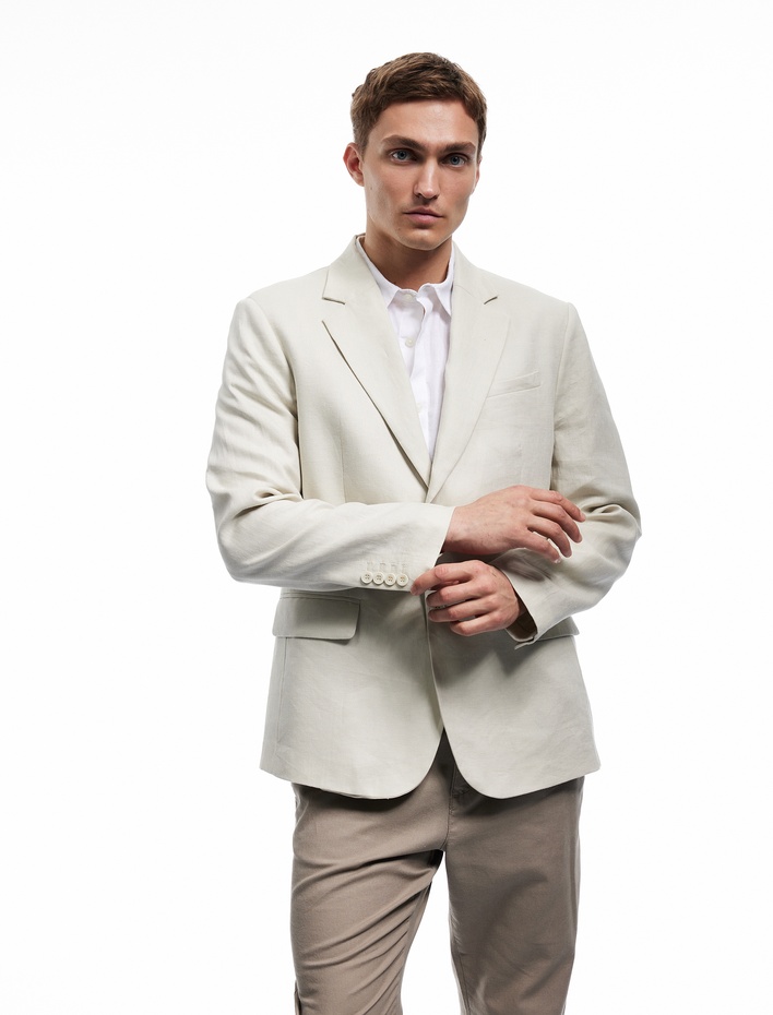  Düğmeli Kapaklı Cep Detaylı Mono Yaka Keten Blazer Ceket