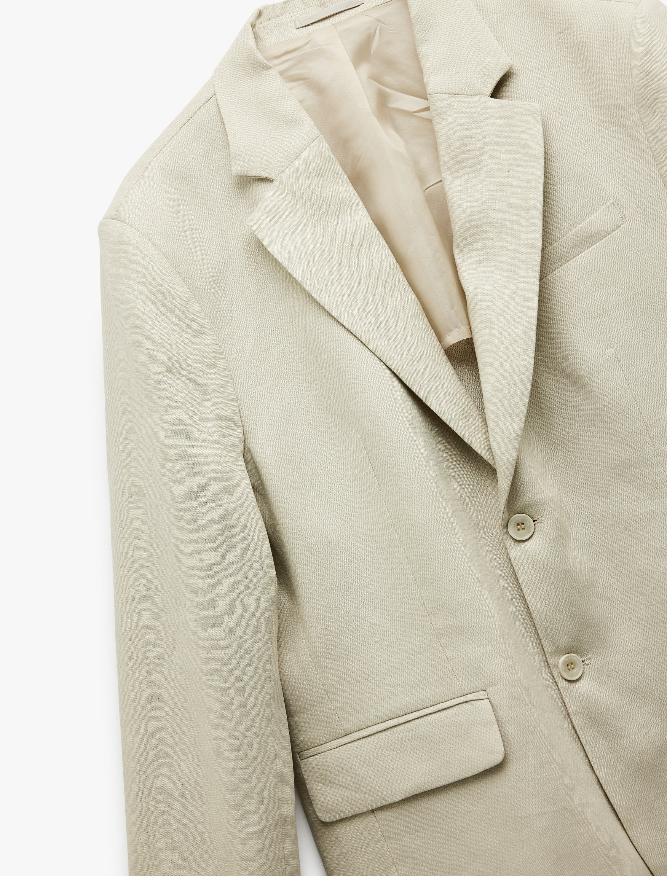   Düğmeli Kapaklı Cep Detaylı Mono Yaka Keten Blazer Ceket