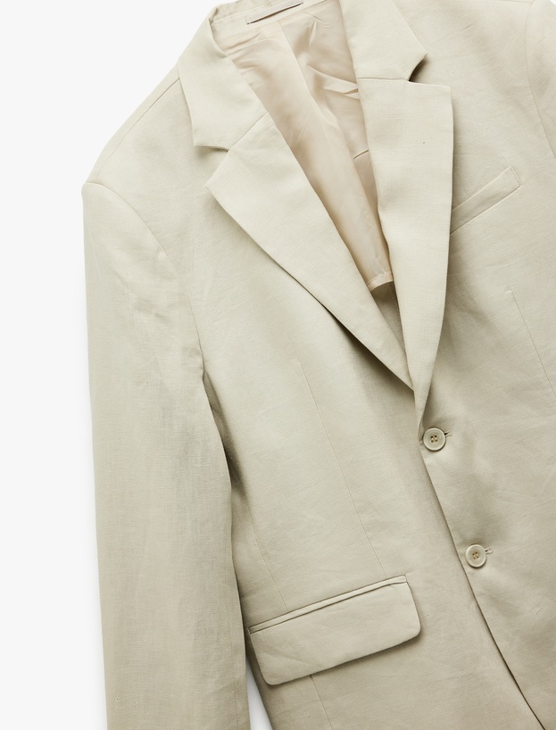Düğmeli Kapaklı Cep Detaylı Mono Yaka Keten Blazer Ceket_4