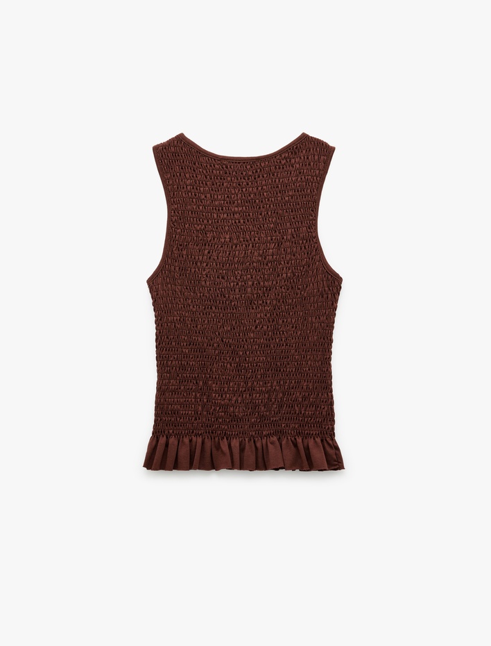  Bisiklet Yaka Fırfır Detaylı Gipeli Pamuklu Kolsuz Bluz