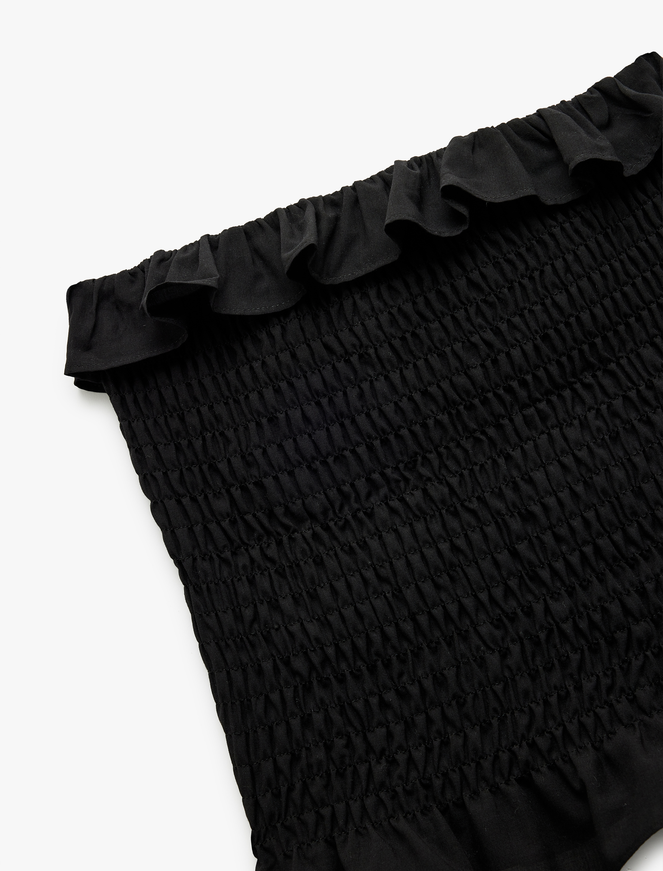   Pamuklu Fırfırlı Gipeli Straplez Yaka Kolsuz Crop Bluz