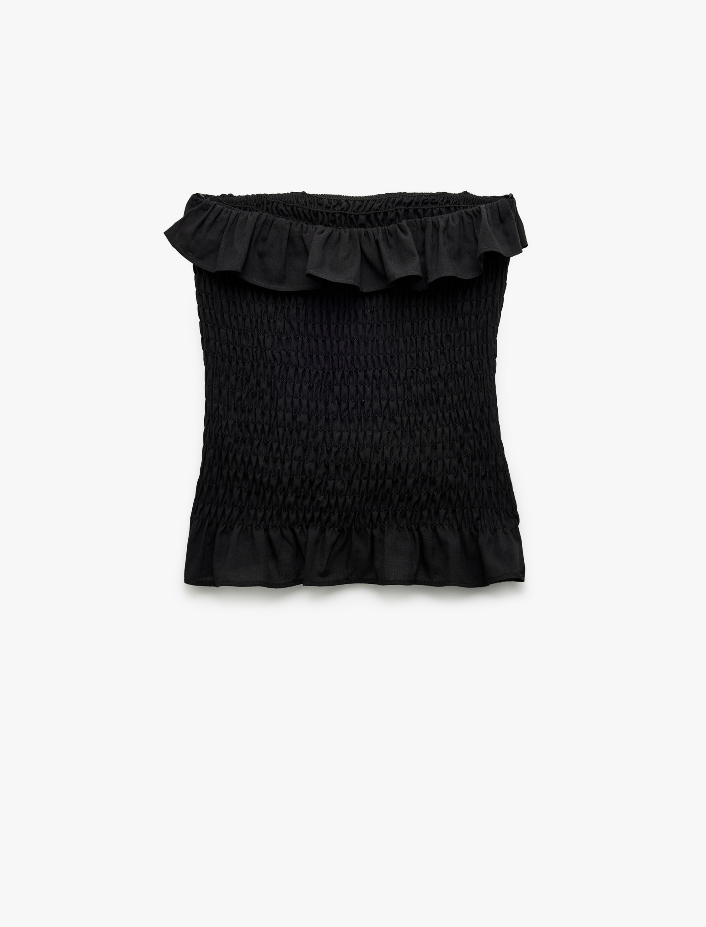   Pamuklu Fırfırlı Gipeli Straplez Yaka Kolsuz Crop Bluz