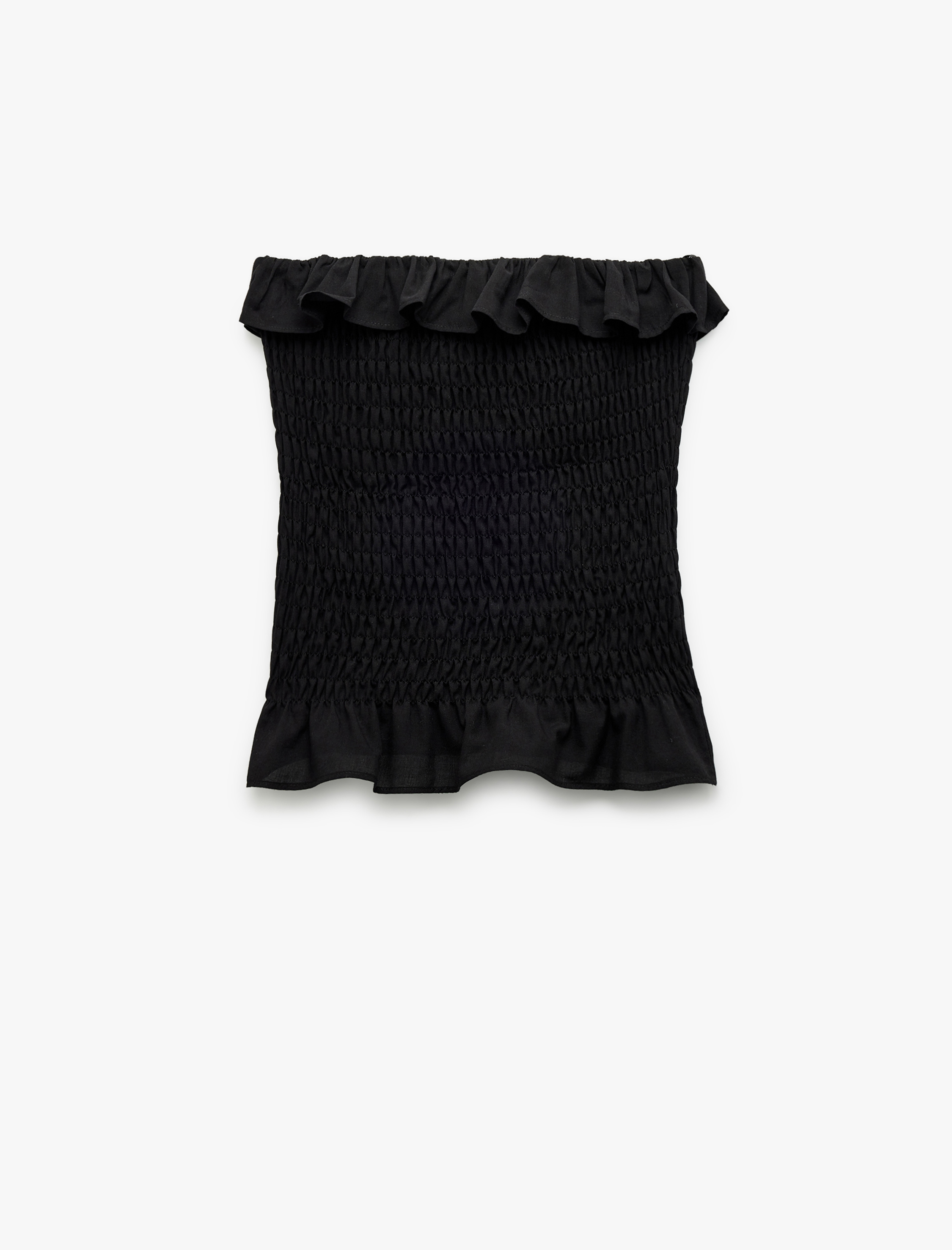   Pamuklu Fırfırlı Gipeli Straplez Yaka Kolsuz Crop Bluz