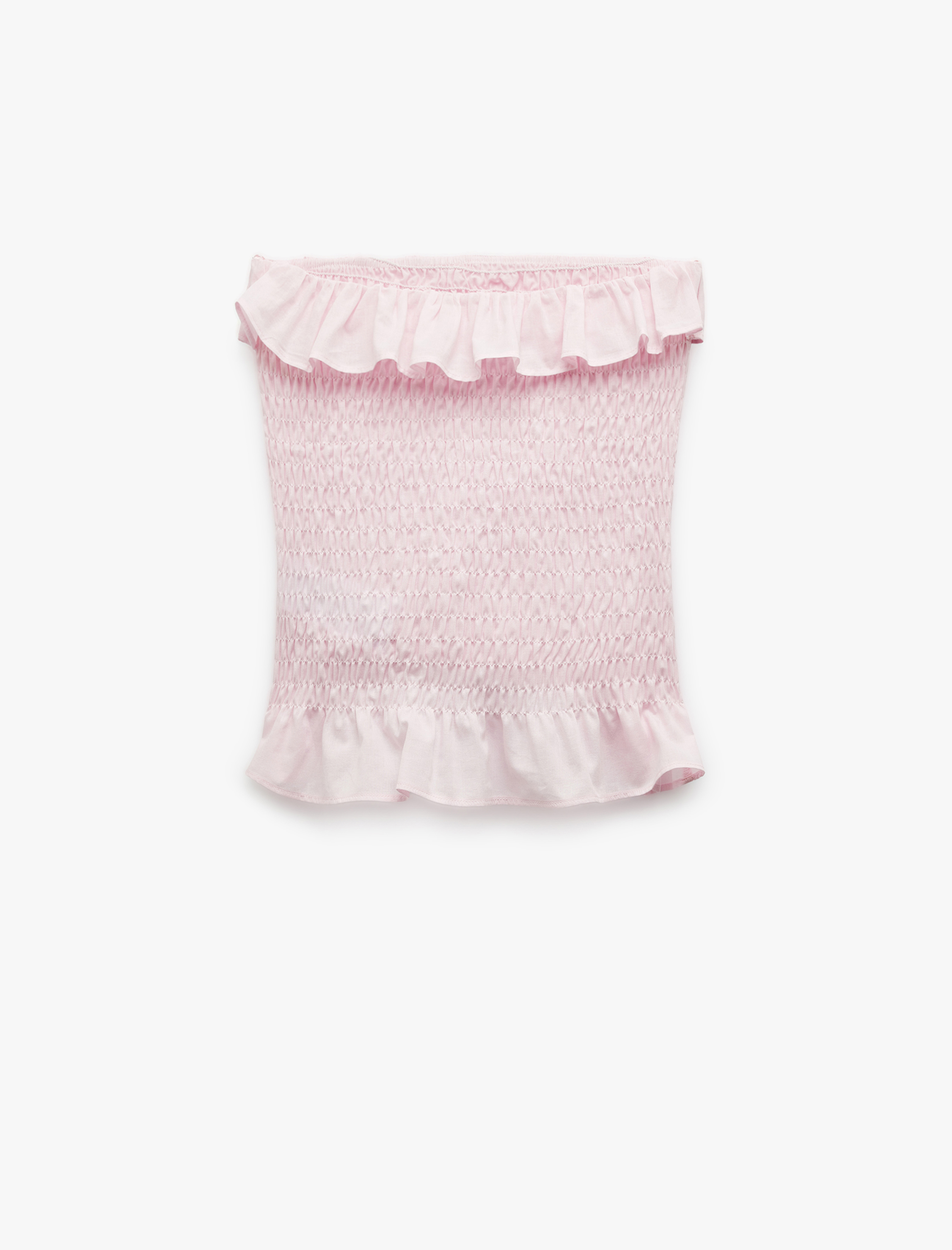   Pamuklu Fırfırlı Gipeli Straplez Yaka Kolsuz Crop Bluz