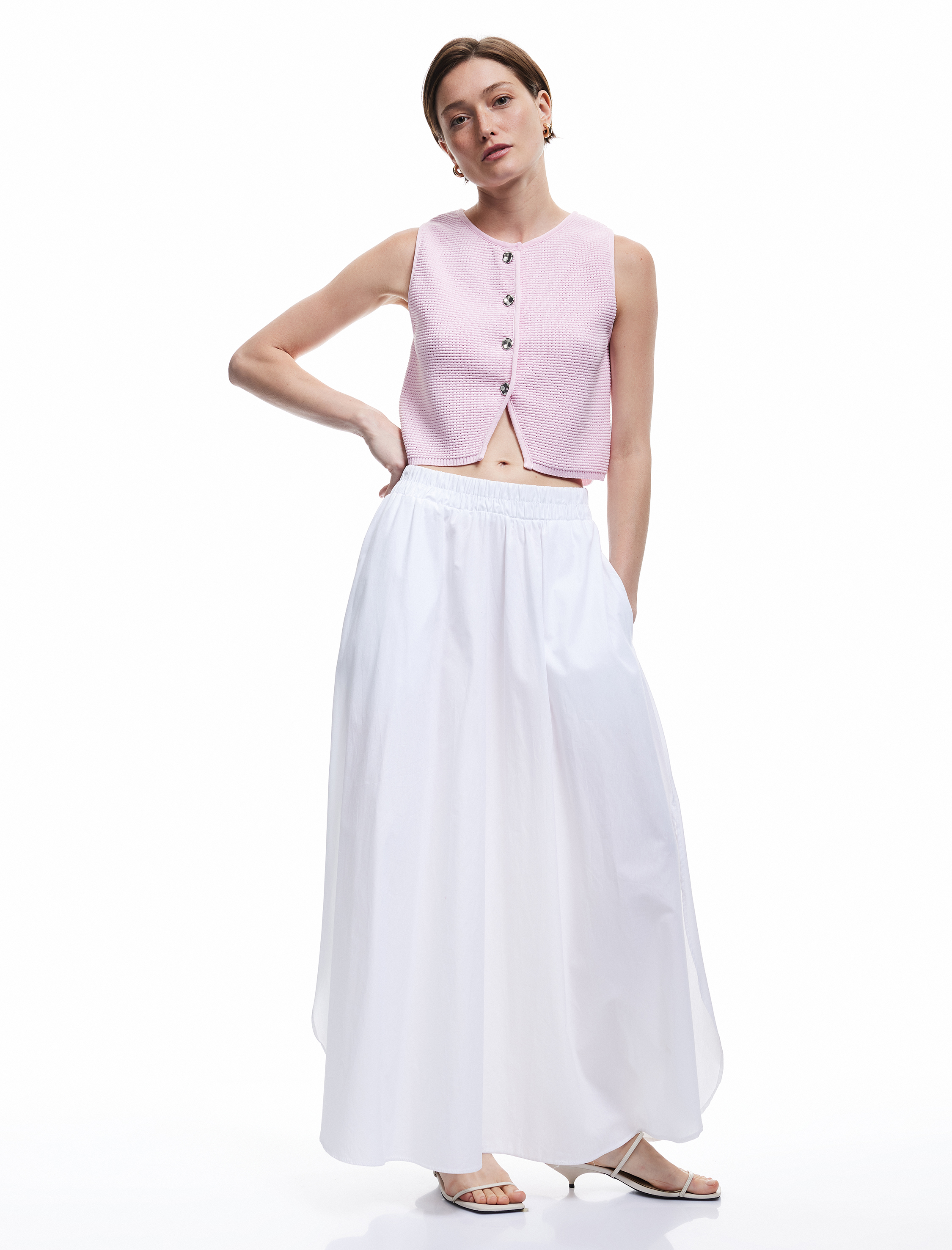   Düğmeli Kolsuz Dokulu Bisiklet Yaka Çizgili Triko Yelek