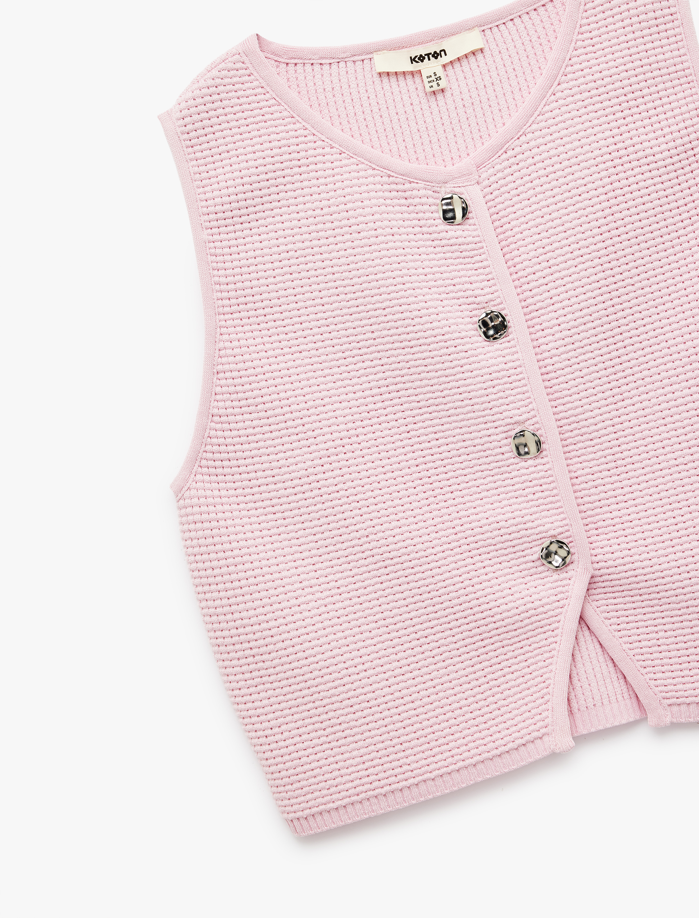   Düğmeli Kolsuz Dokulu Bisiklet Yaka Çizgili Triko Yelek