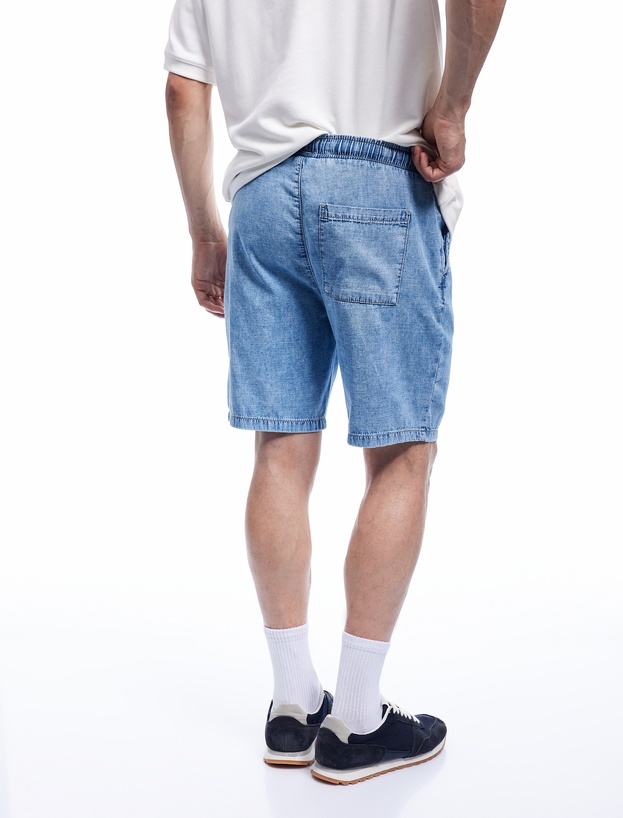 Pamuklu Bol Cep Detaylı Oversize Beli Bağcıklı Bermuda Jean Şort_2