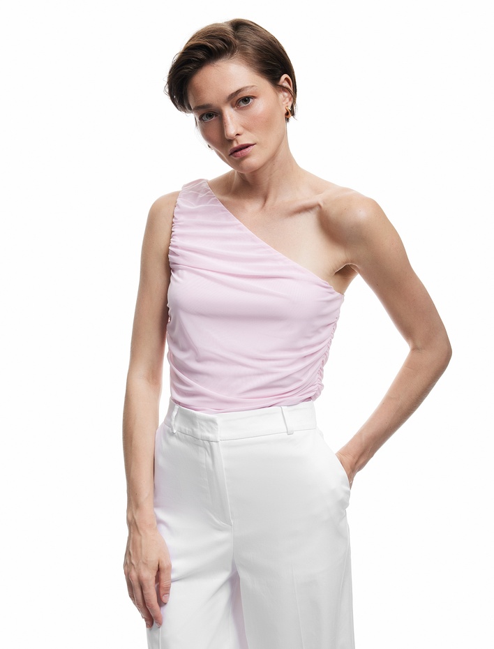  Yarı Transparan Asimetrik Tek Omuz Tül Bodysuit