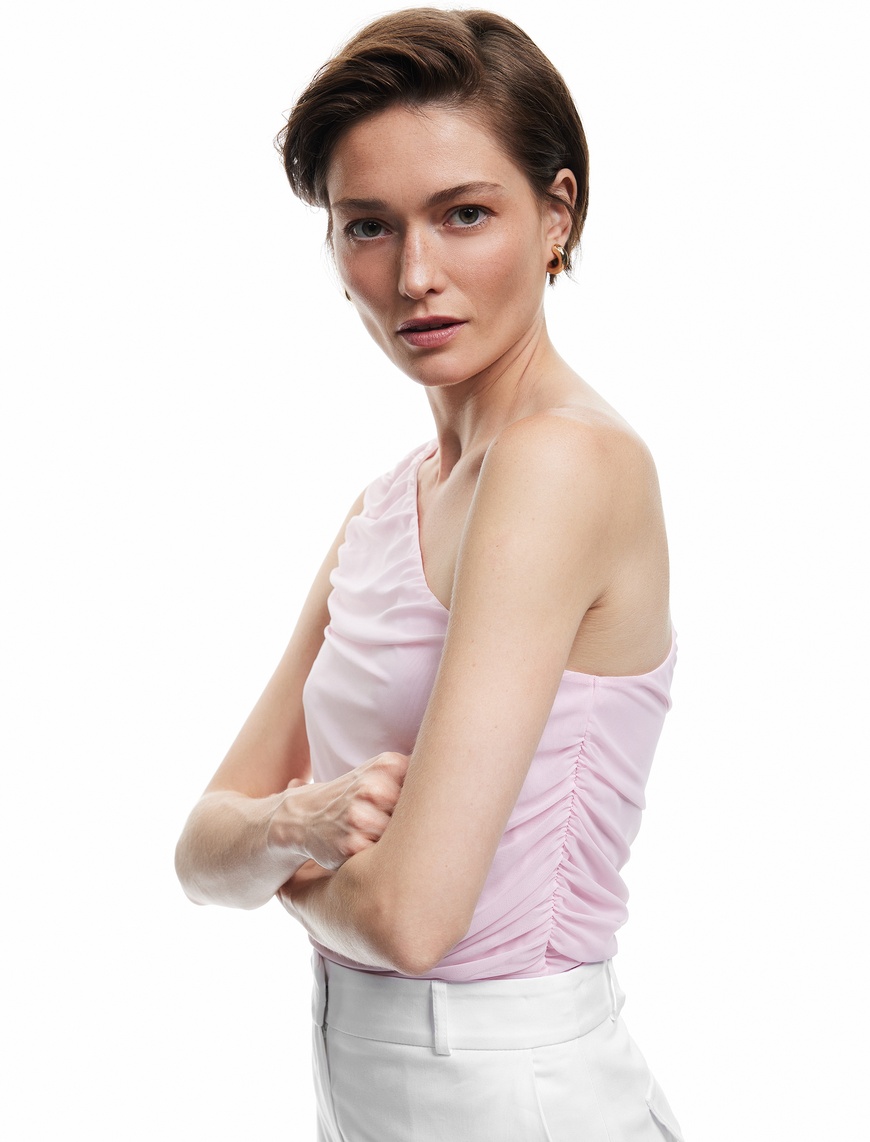   Yarı Transparan Asimetrik Tek Omuz Tül Bodysuit