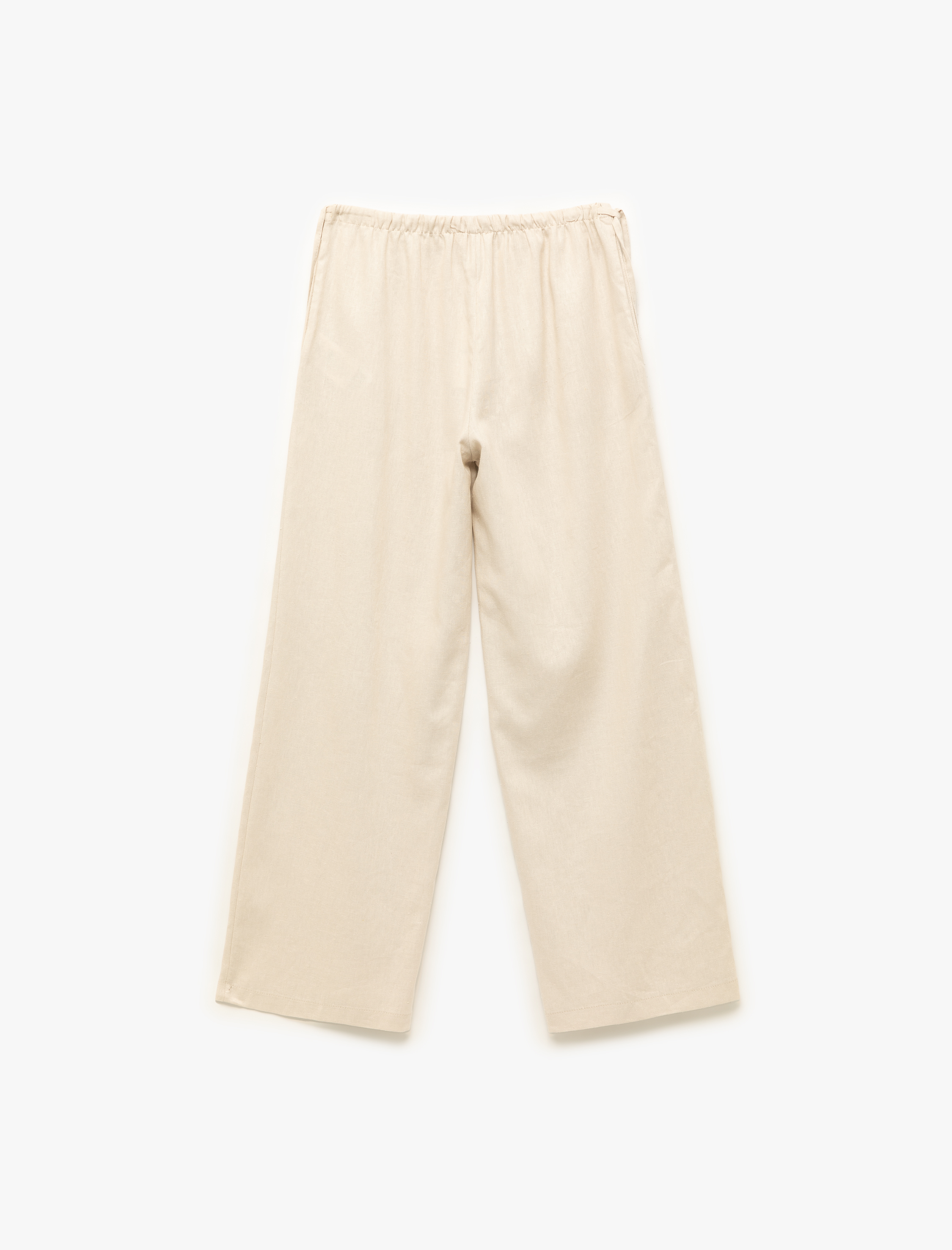   Beli Bağcıklı Keten Karışımlı Geniş Paça Pantolon