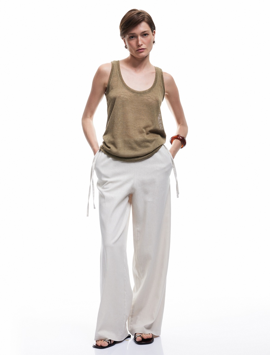   Beli Bağcıklı Keten Karışımlı Geniş Paça Pantolon