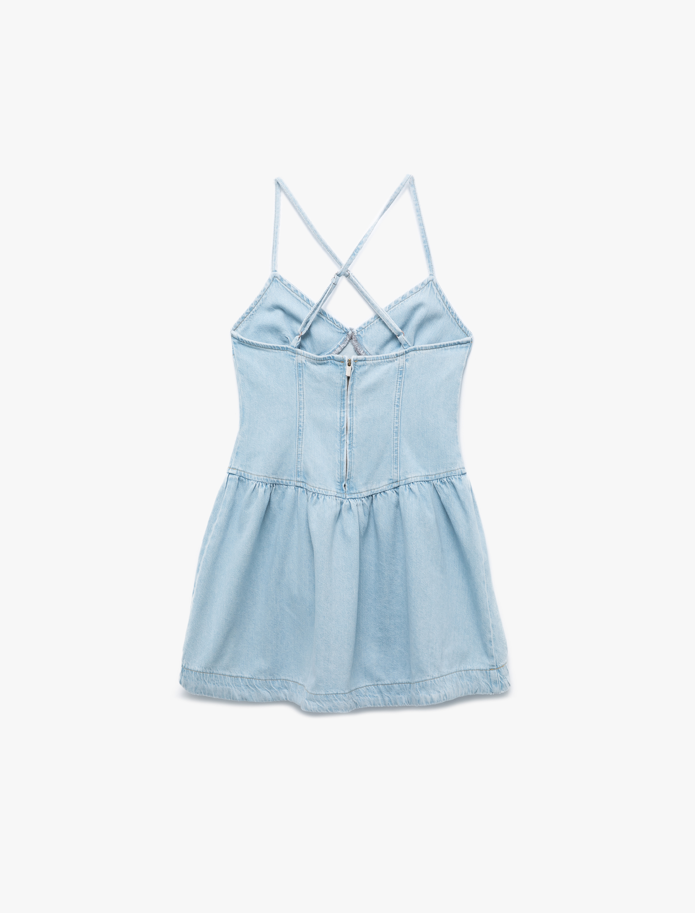 Koton X İnji -  Volanlı V Yaka Çapraz İp Askılı Mini Denim Elbise