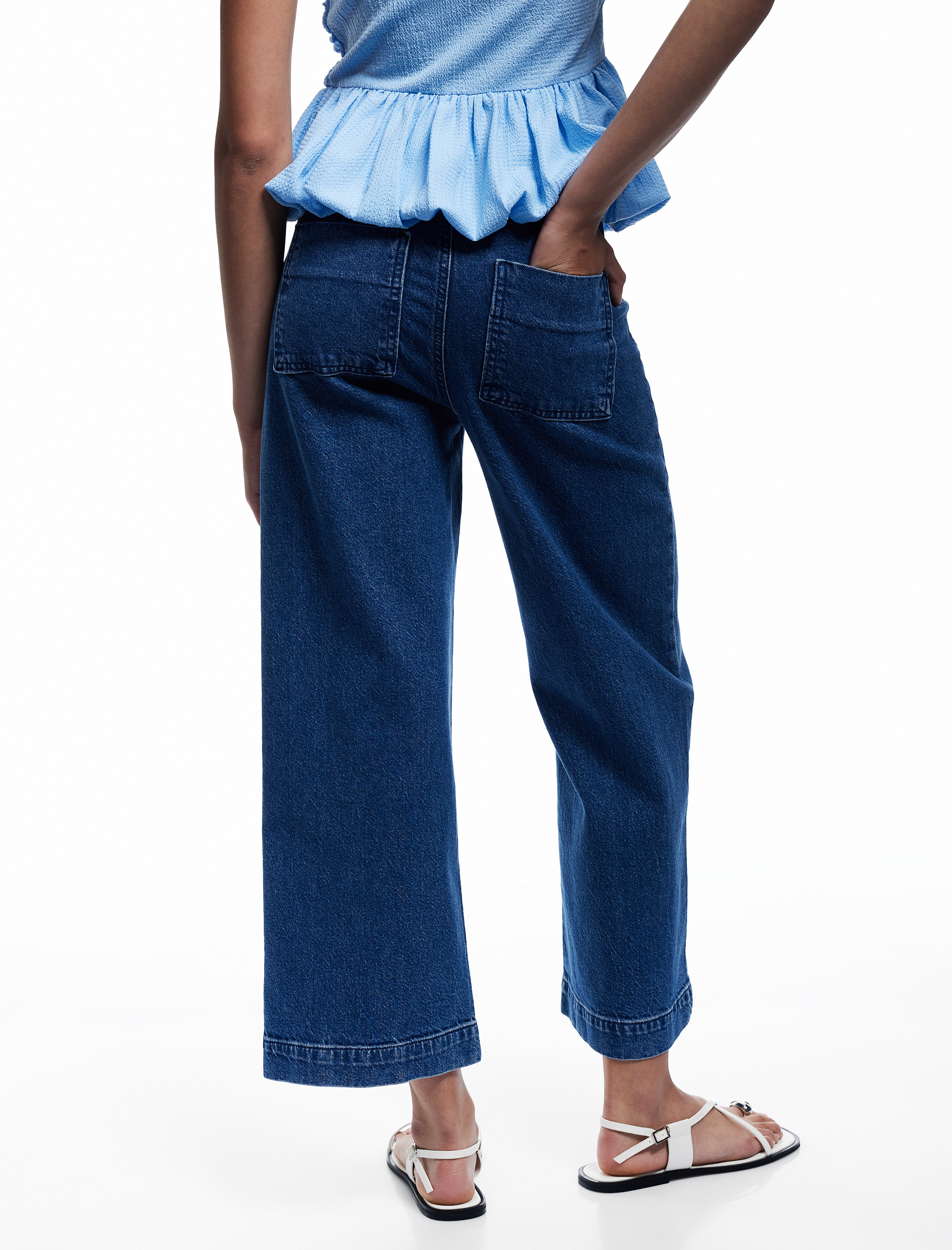   Yüksek Bel Geniş Paça Dikiş Detaylı Jean Pantolon Düğmeli - Culotte Jeans