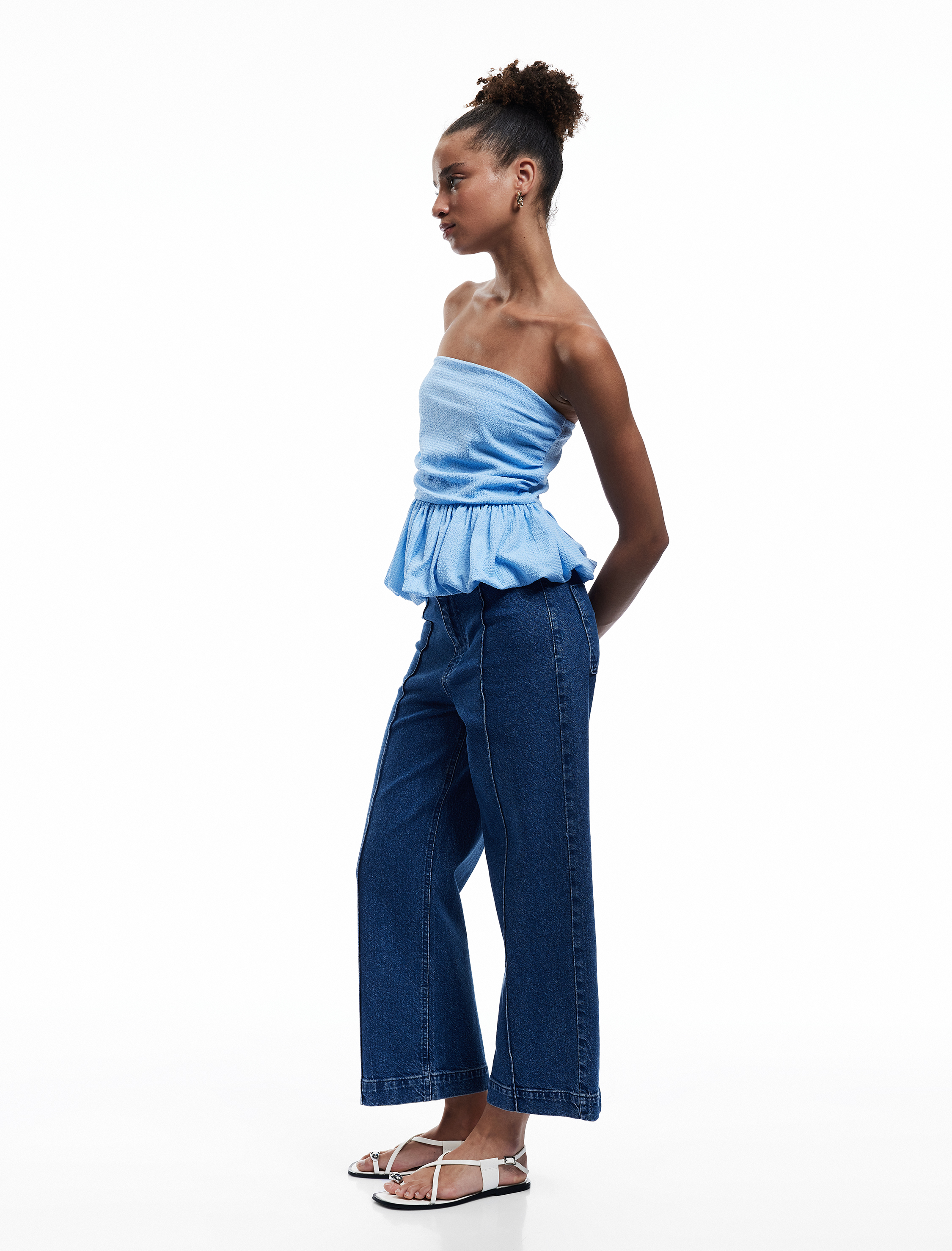   Yüksek Bel Geniş Paça Dikiş Detaylı Jean Pantolon Düğmeli - Culotte Jeans