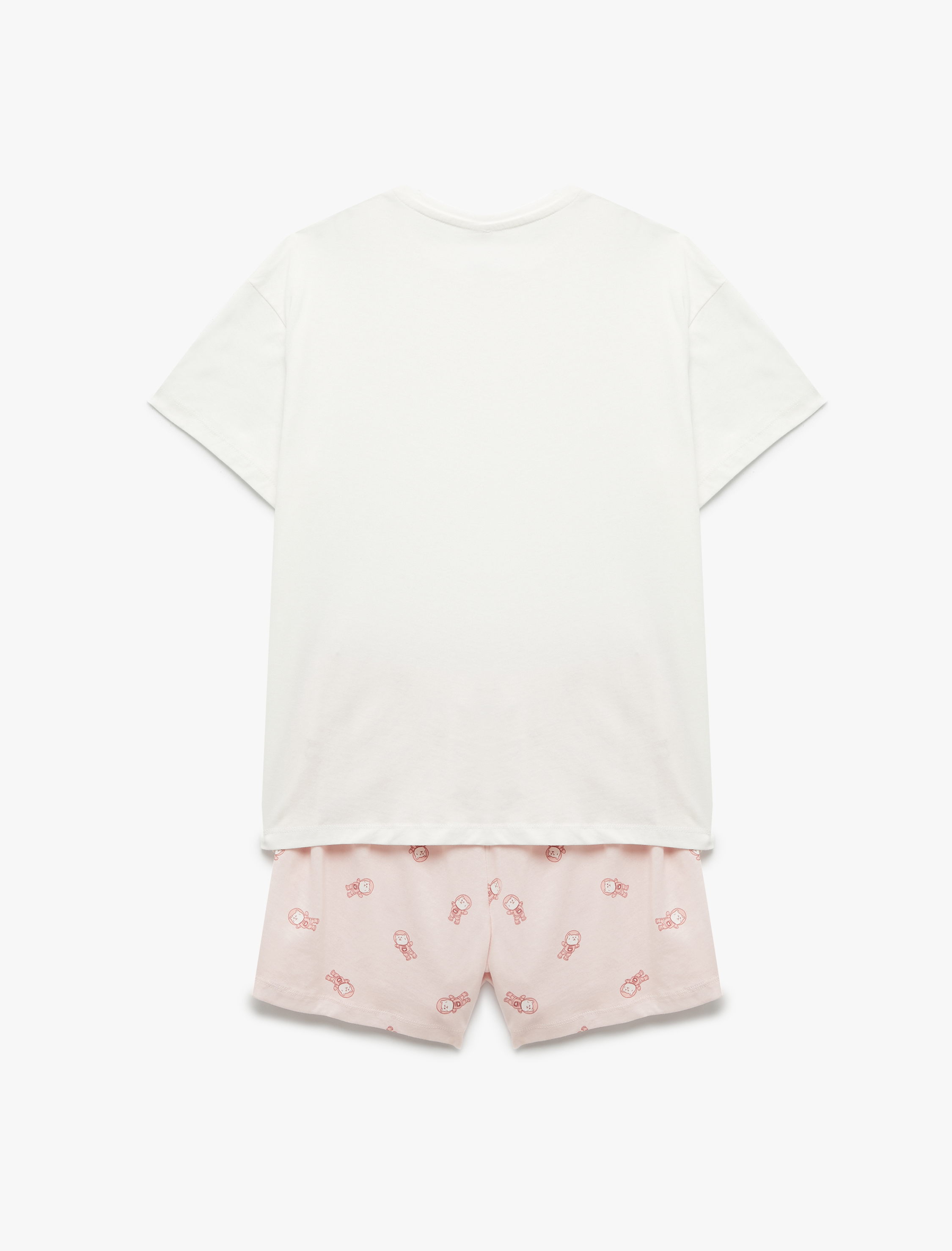 Pamuklu Kısa Kollu Bisiklet Yaka Kedi Grafik Baskılı Şortlu Pijama Takımı