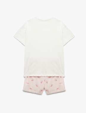 Pamuklu Kısa Kollu Bisiklet Yaka Kedi Grafik Baskılı Şortlu Pijama Takımı_4