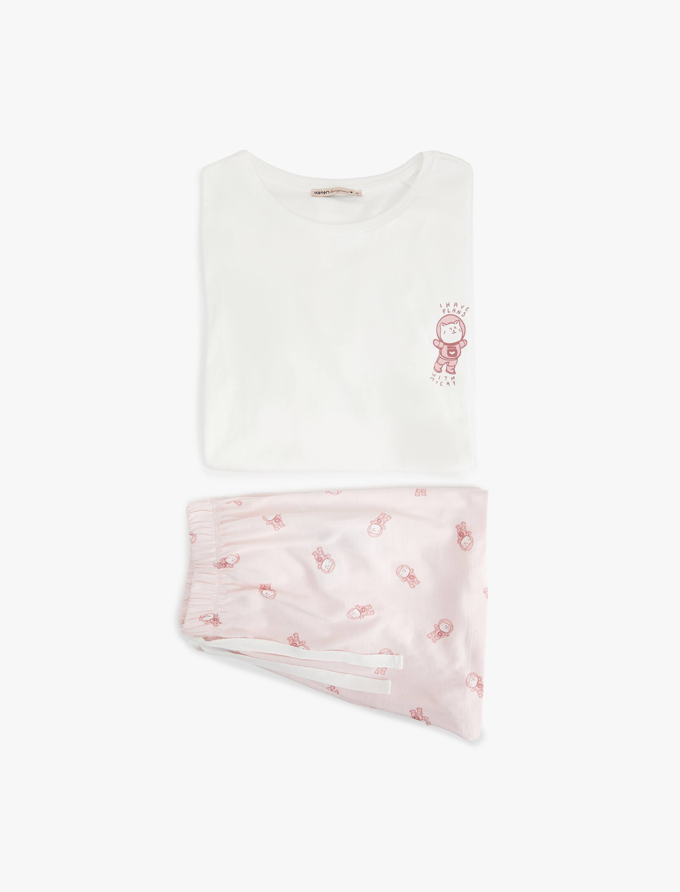 Pamuklu Kısa Kollu Bisiklet Yaka Kedi Grafik Baskılı Şortlu Pijama Takımı