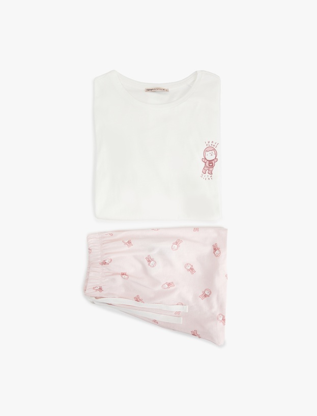 Pamuklu Kısa Kollu Bisiklet Yaka Kedi Grafik Baskılı Şortlu Pijama Takımı_2