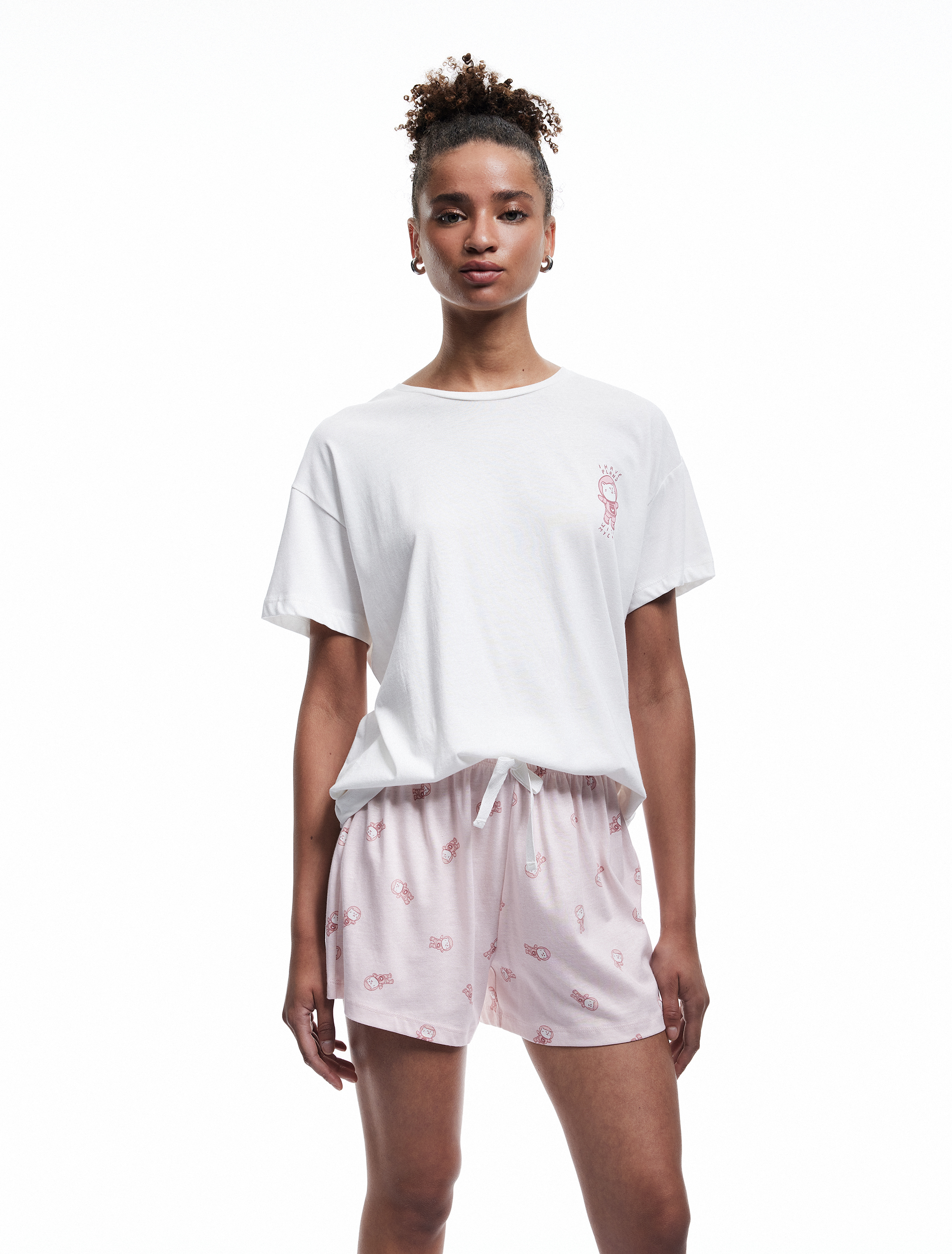 Pamuklu Kısa Kollu Bisiklet Yaka Kedi Grafik Baskılı Şortlu Pijama Takımı