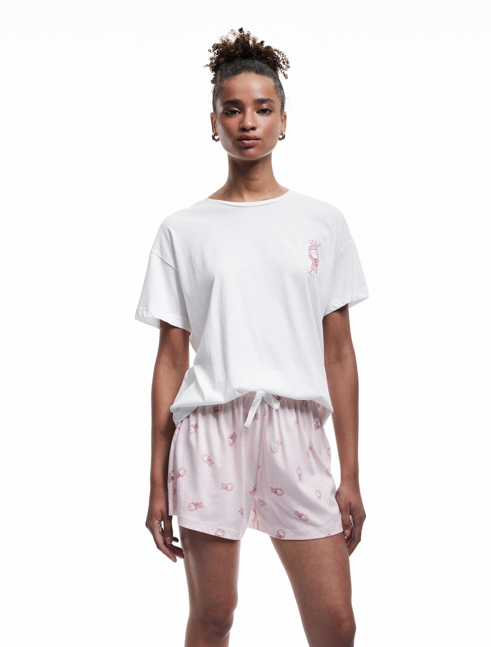  Pamuklu Kısa Kollu Bisiklet Yaka Kedi Grafik Baskılı Şortlu Pijama Takımı