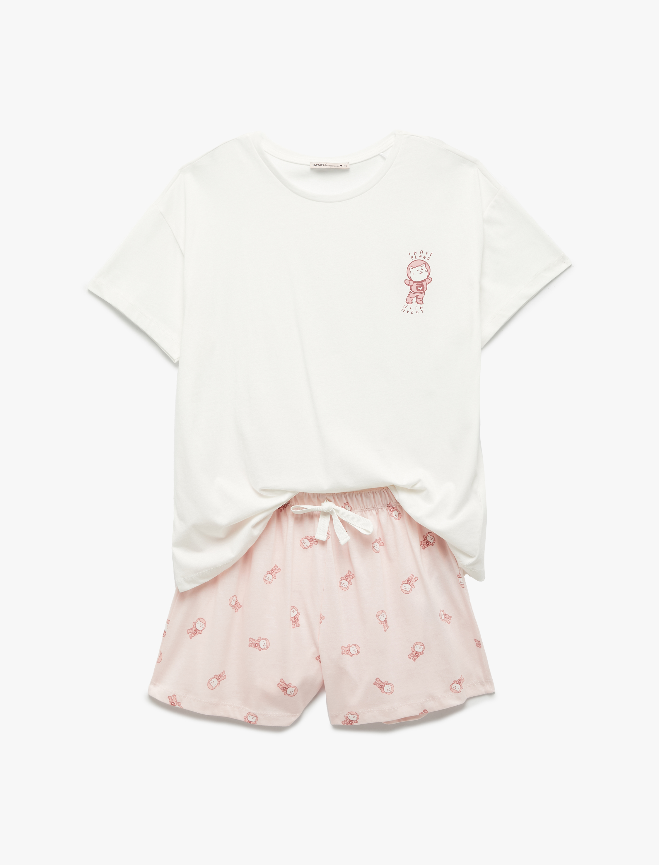 Pamuklu Kısa Kollu Bisiklet Yaka Kedi Grafik Baskılı Şortlu Pijama Takımı