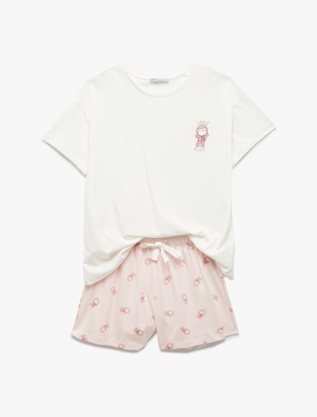 Pamuklu Kısa Kollu Bisiklet Yaka Kedi Grafik Baskılı Şortlu Pijama Takımı_3