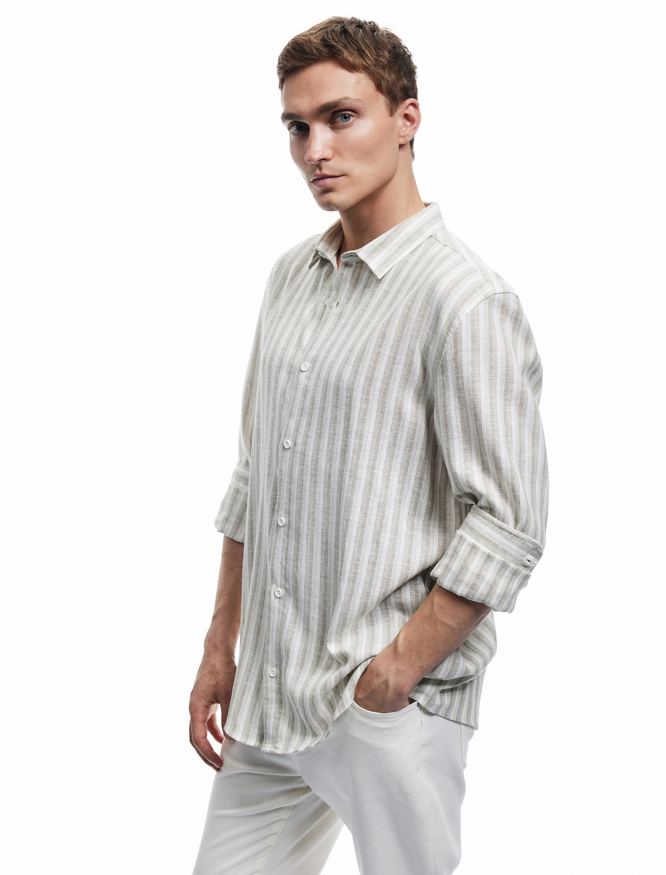   Keten Viskon Karışımlı Regular Fit Klasik Yaka Uzun Kollu Çizgili Gömlek