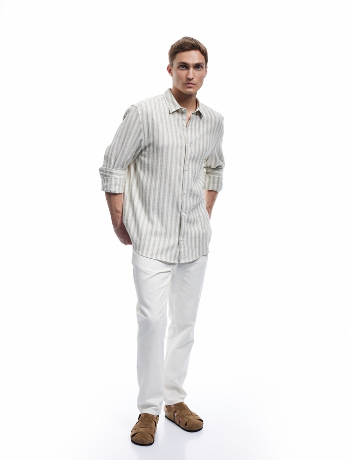 Keten Viskon Karışımlı Regular Fit Klasik Yaka Uzun Kollu Çizgili Gömlek