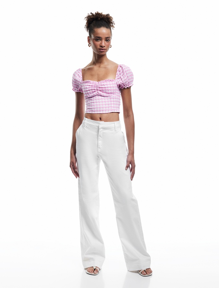  Balon Kol Fırfırlı Yaka Gipeli Pötikareli Crop Bluz