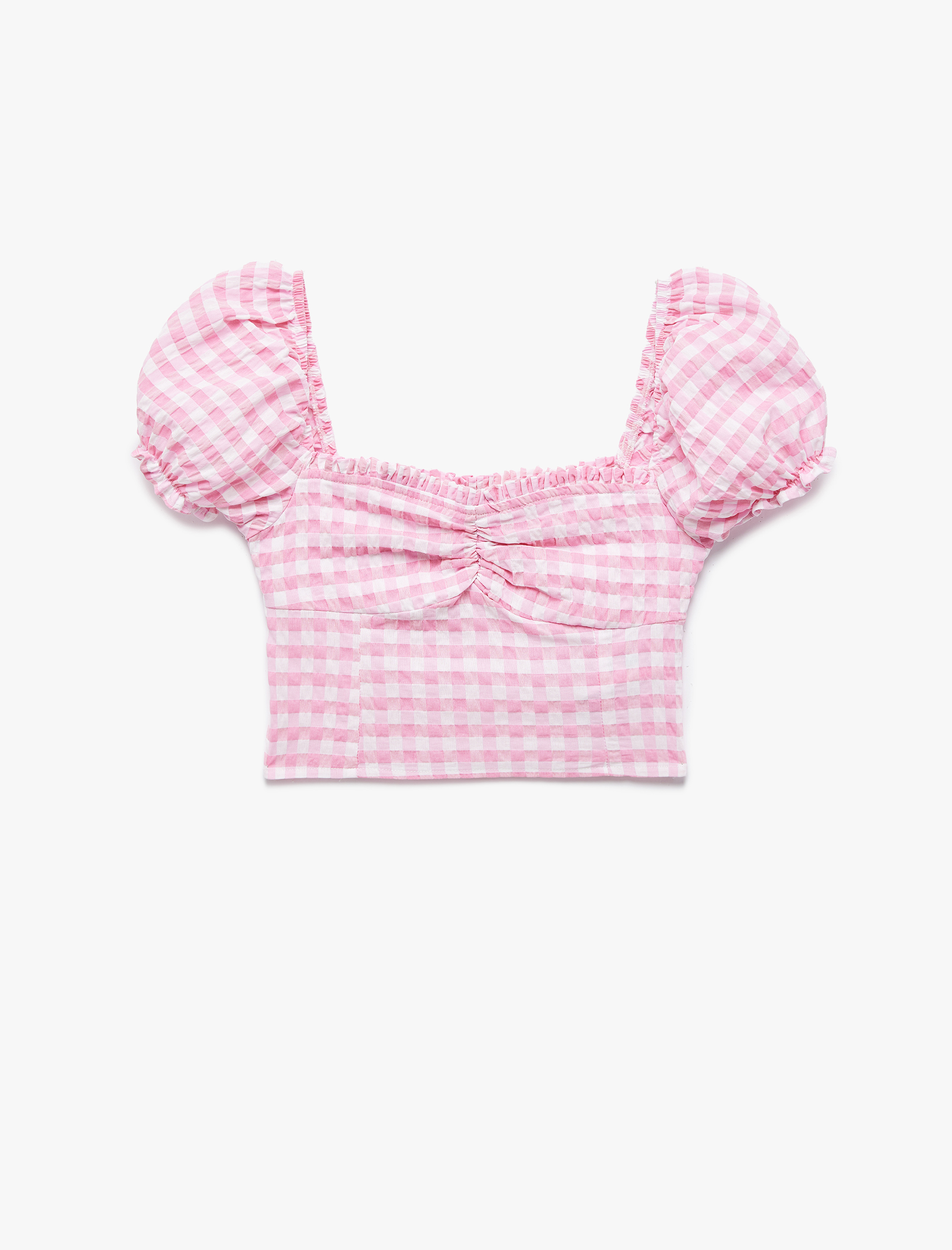   Balon Kol Fırfırlı Yaka Gipeli Pötikareli Crop Bluz