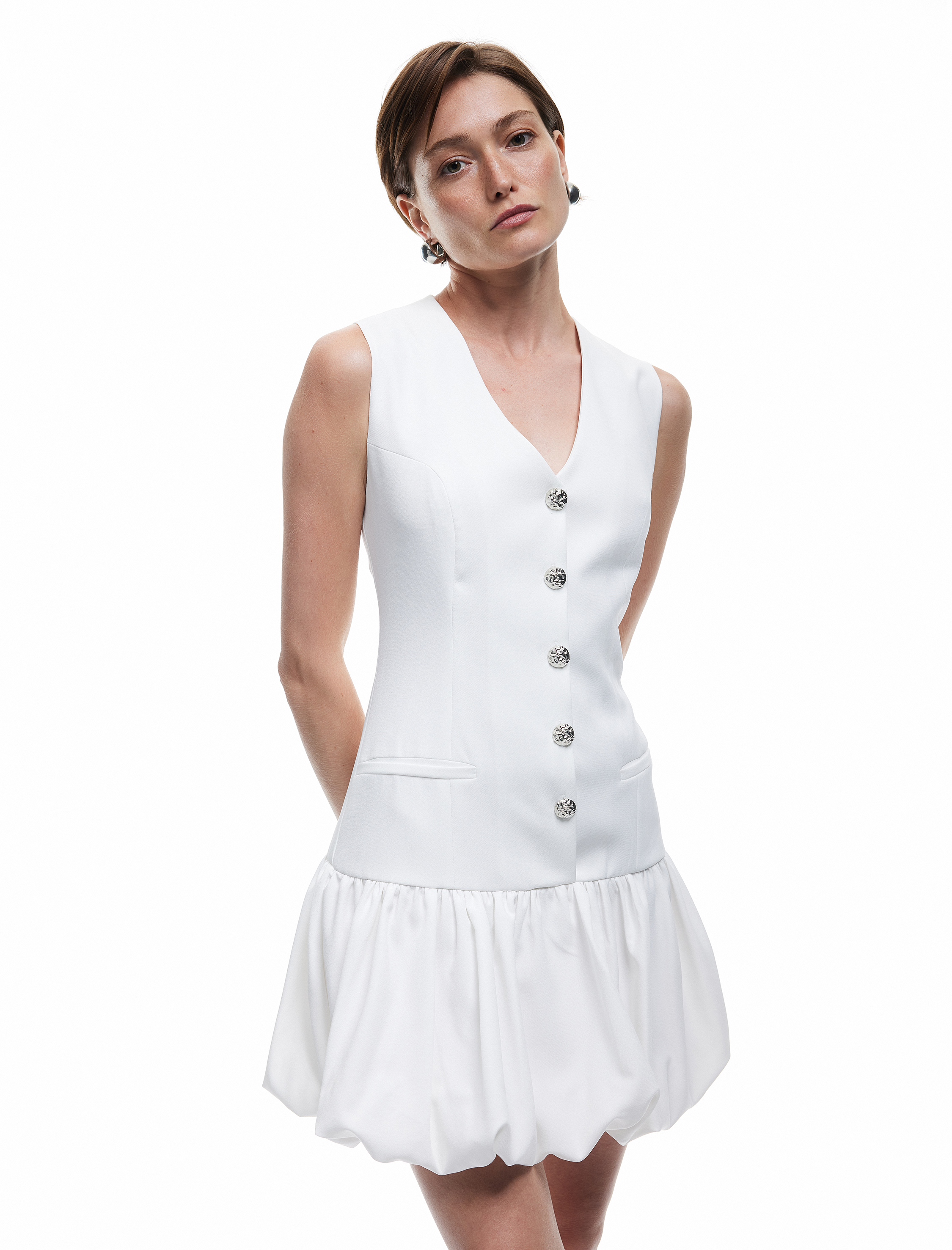   Düğmeli Kolsuz V Yaka Mini Balon Elbise