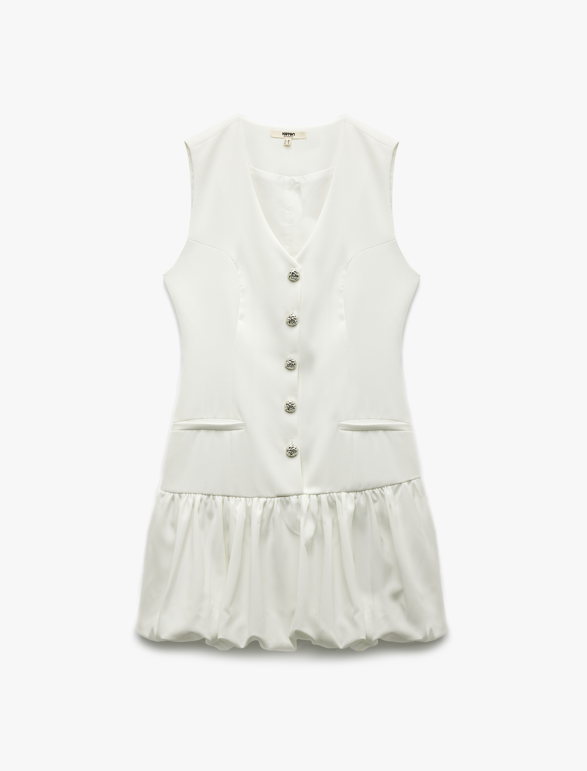   Düğmeli Kolsuz V Yaka Mini Balon Elbise