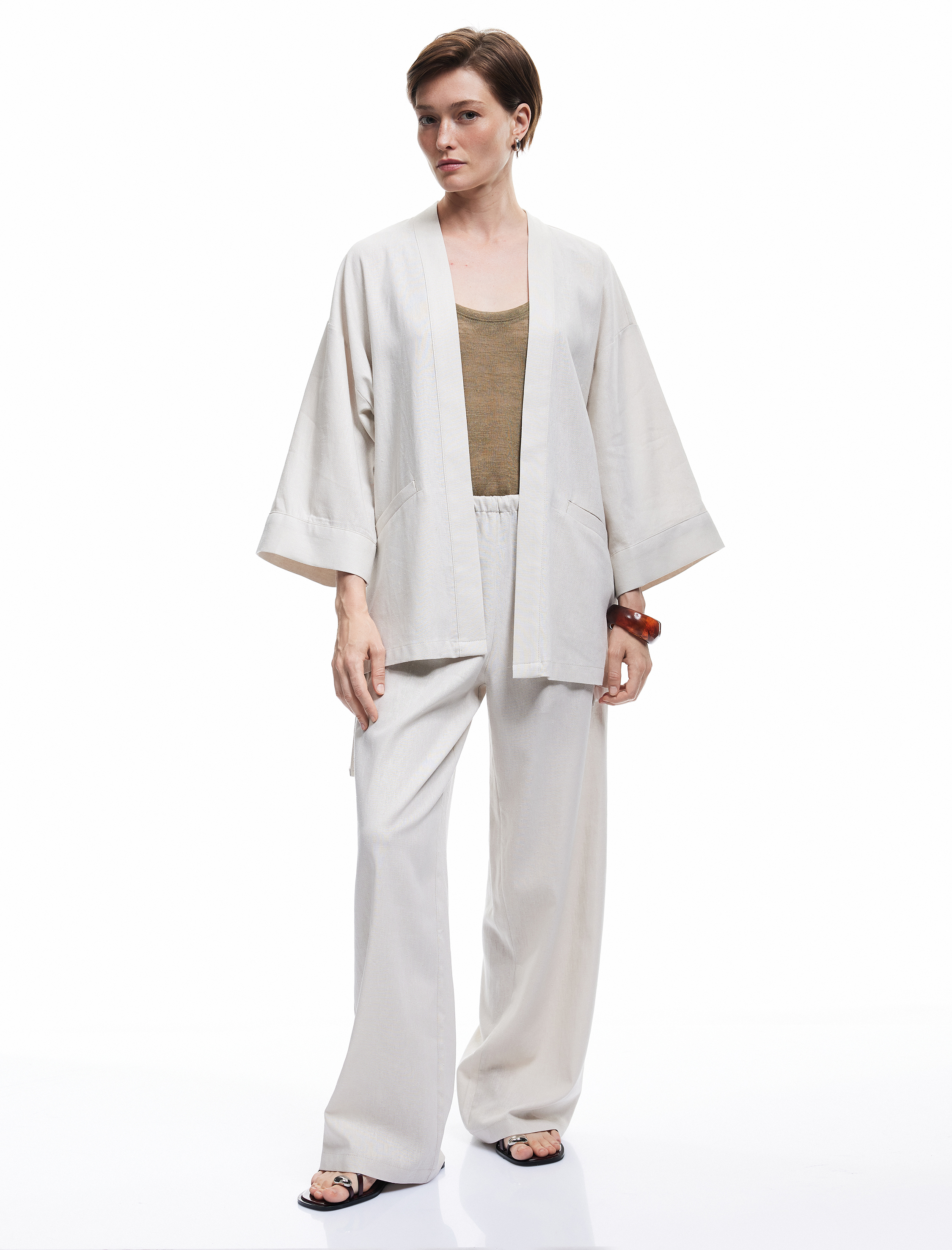   Cepli Geniş Yarım Kol Keten Kimono