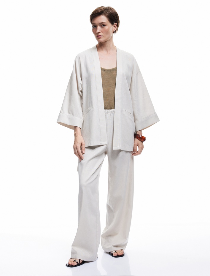  Cepli Geniş Yarım Kol Keten Kimono
