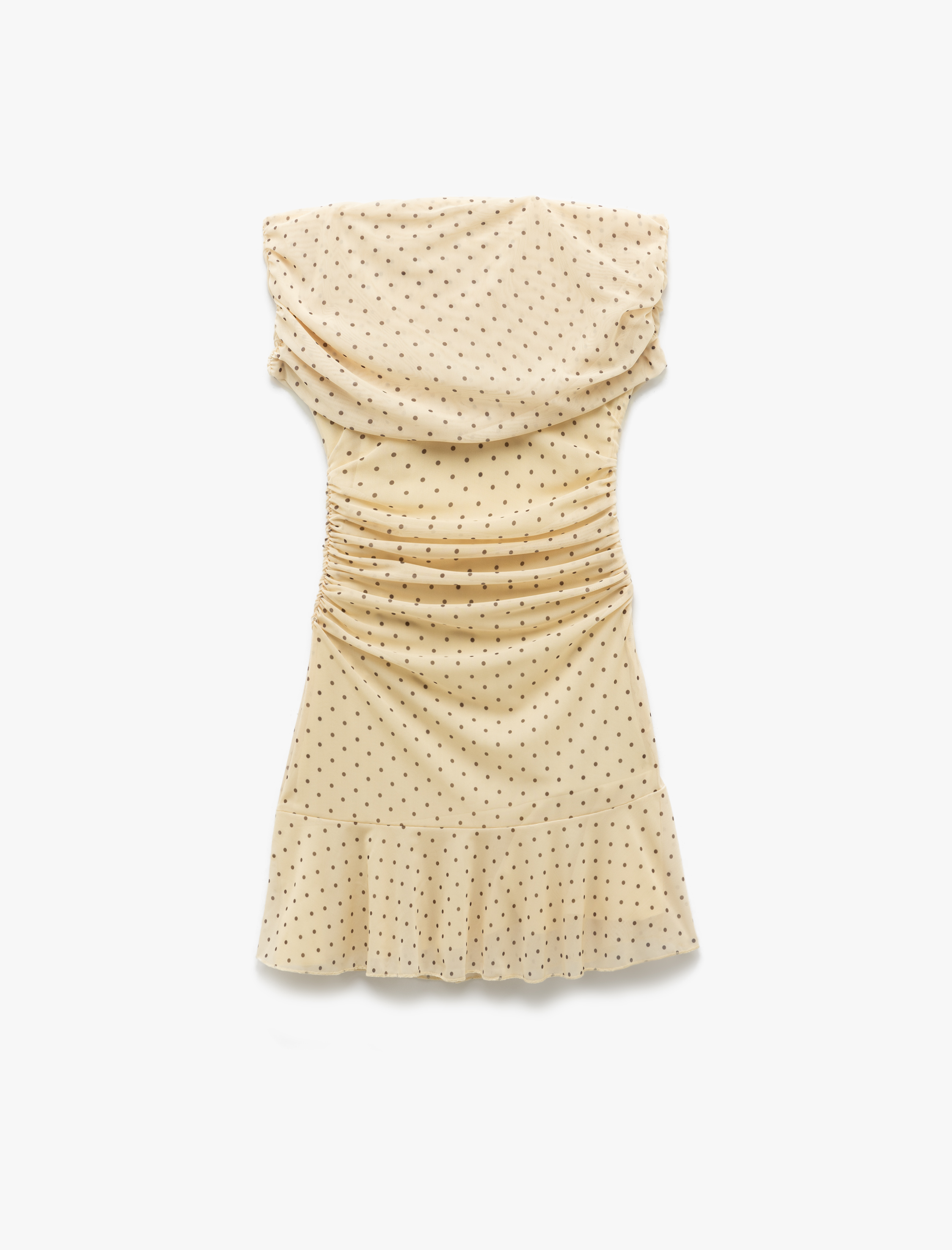   Puantiyeli Kayık Yaka Kolsuz Drapeli Volanlı Astarlı Tül Mini Elbise