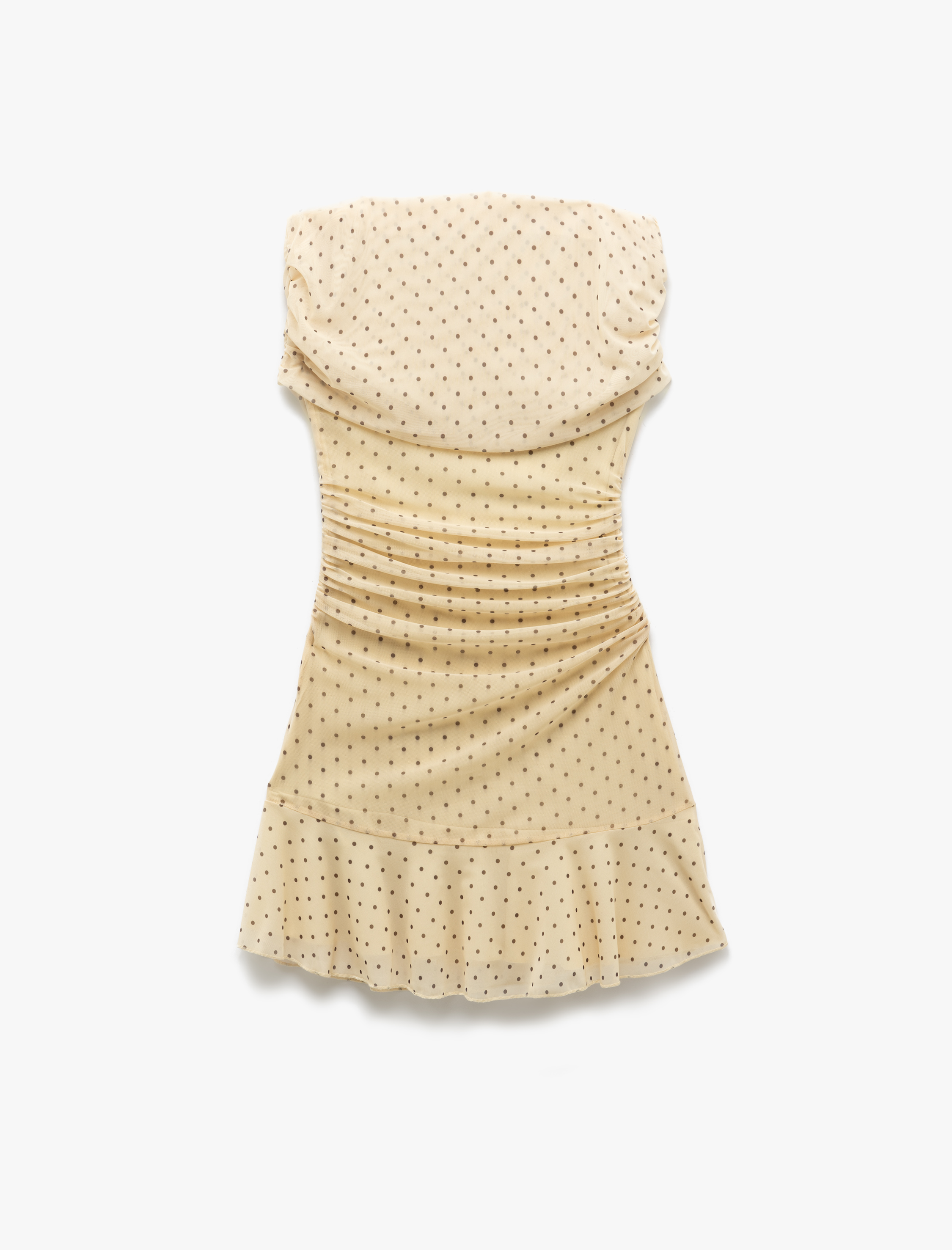   Puantiyeli Kayık Yaka Kolsuz Drapeli Volanlı Astarlı Tül Mini Elbise