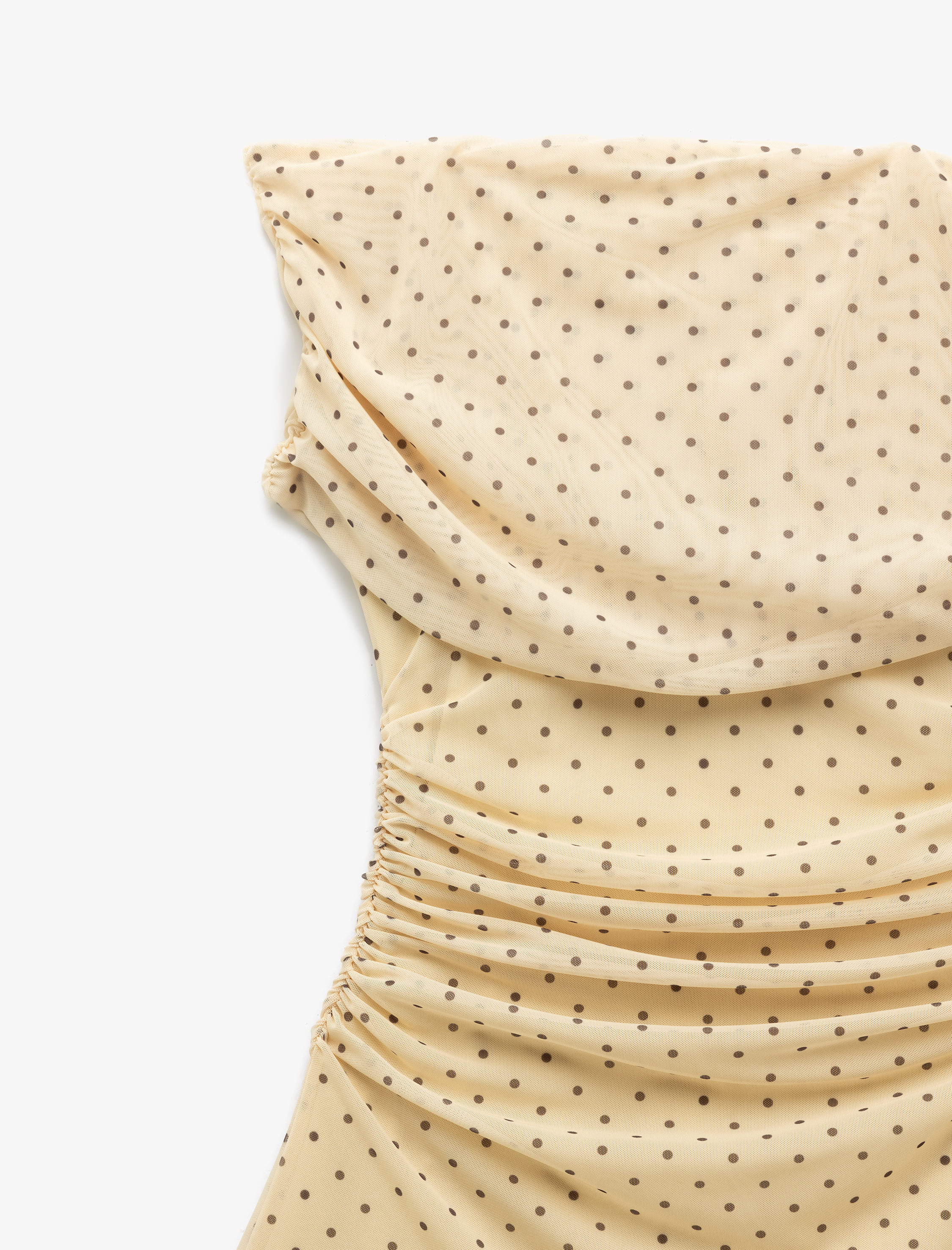   Puantiyeli Kayık Yaka Kolsuz Drapeli Volanlı Astarlı Tül Mini Elbise