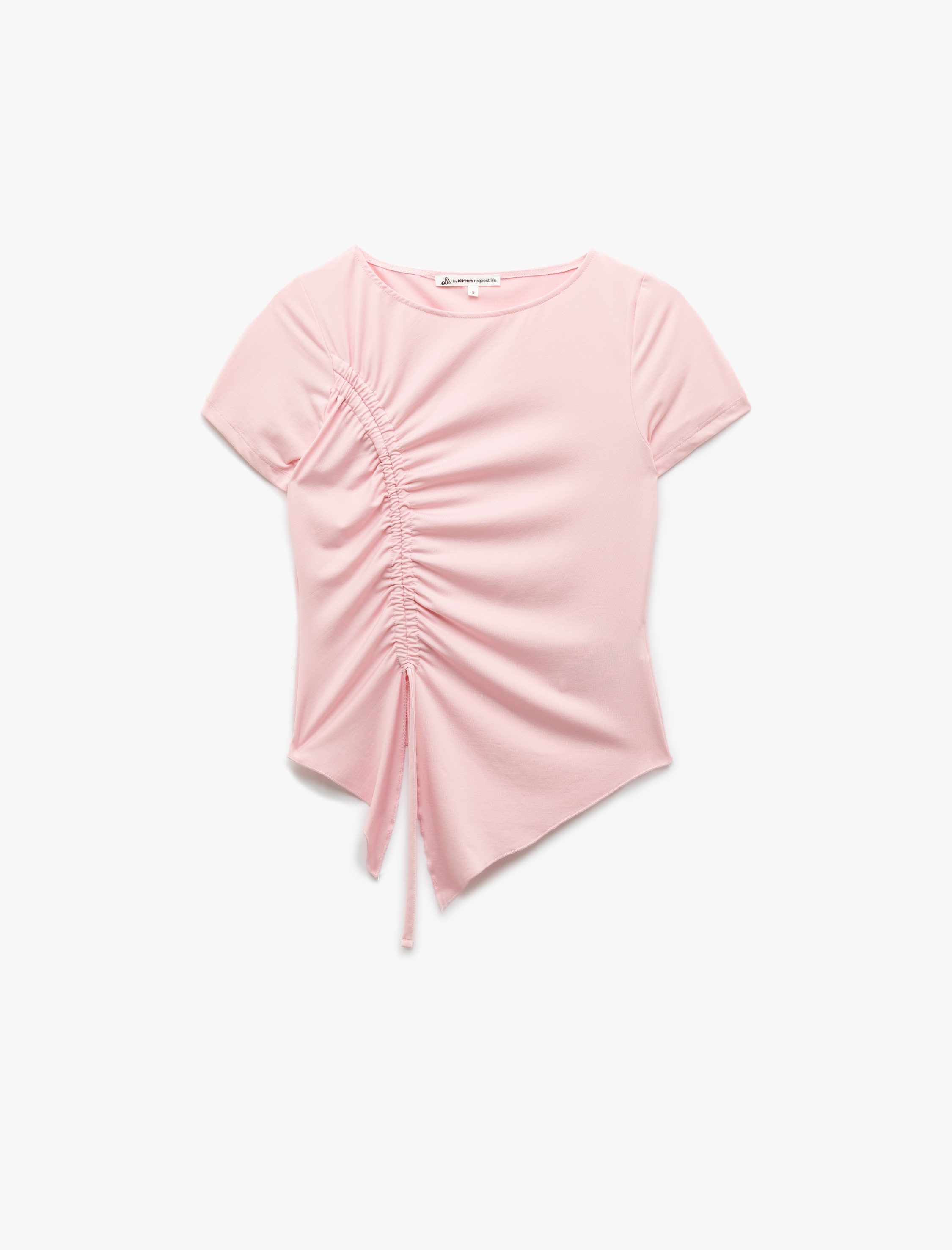   Büzgülü Bisiklet Yaka Kısa Kollu Asimetrik Tişört