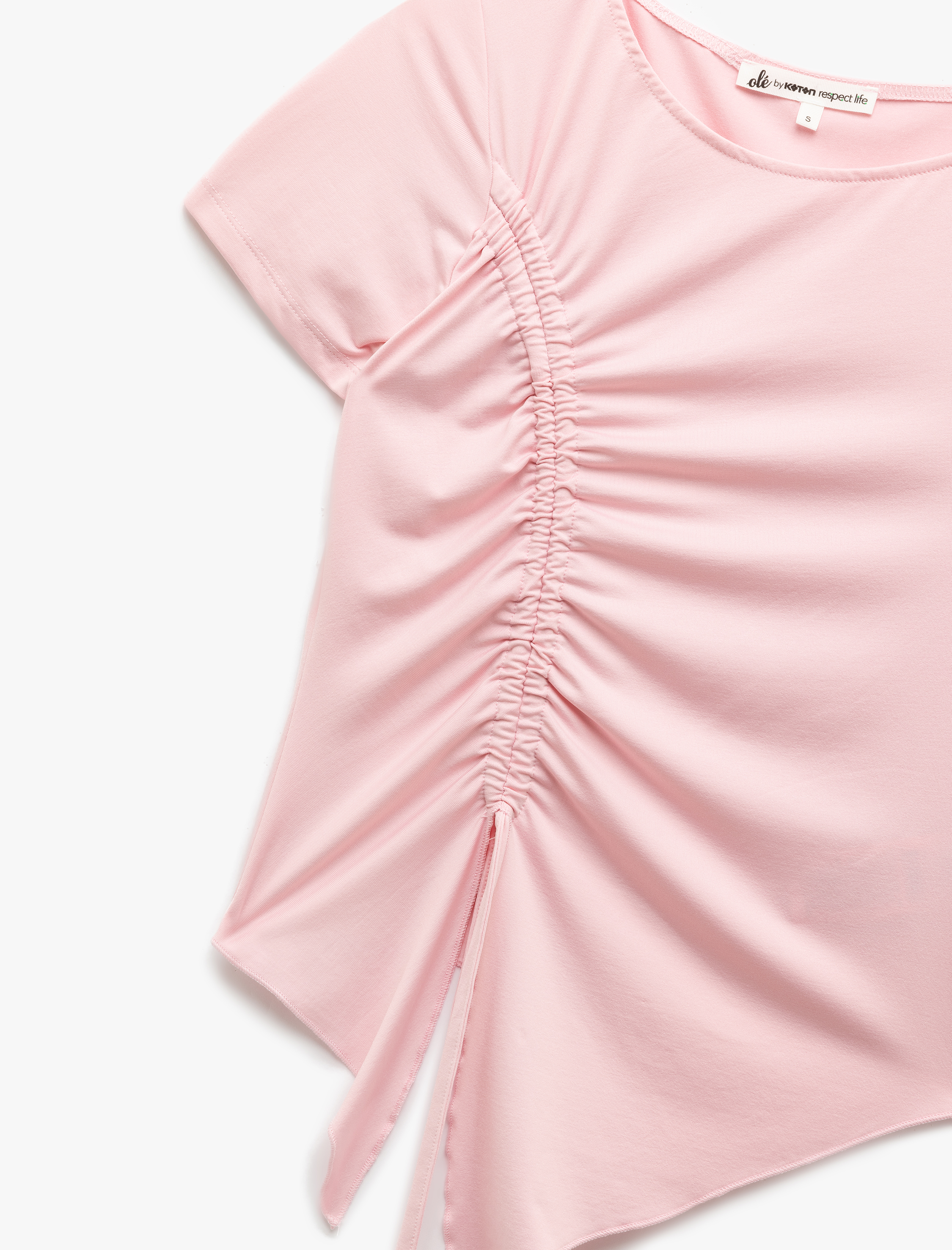   Büzgülü Bisiklet Yaka Kısa Kollu Asimetrik Tişört