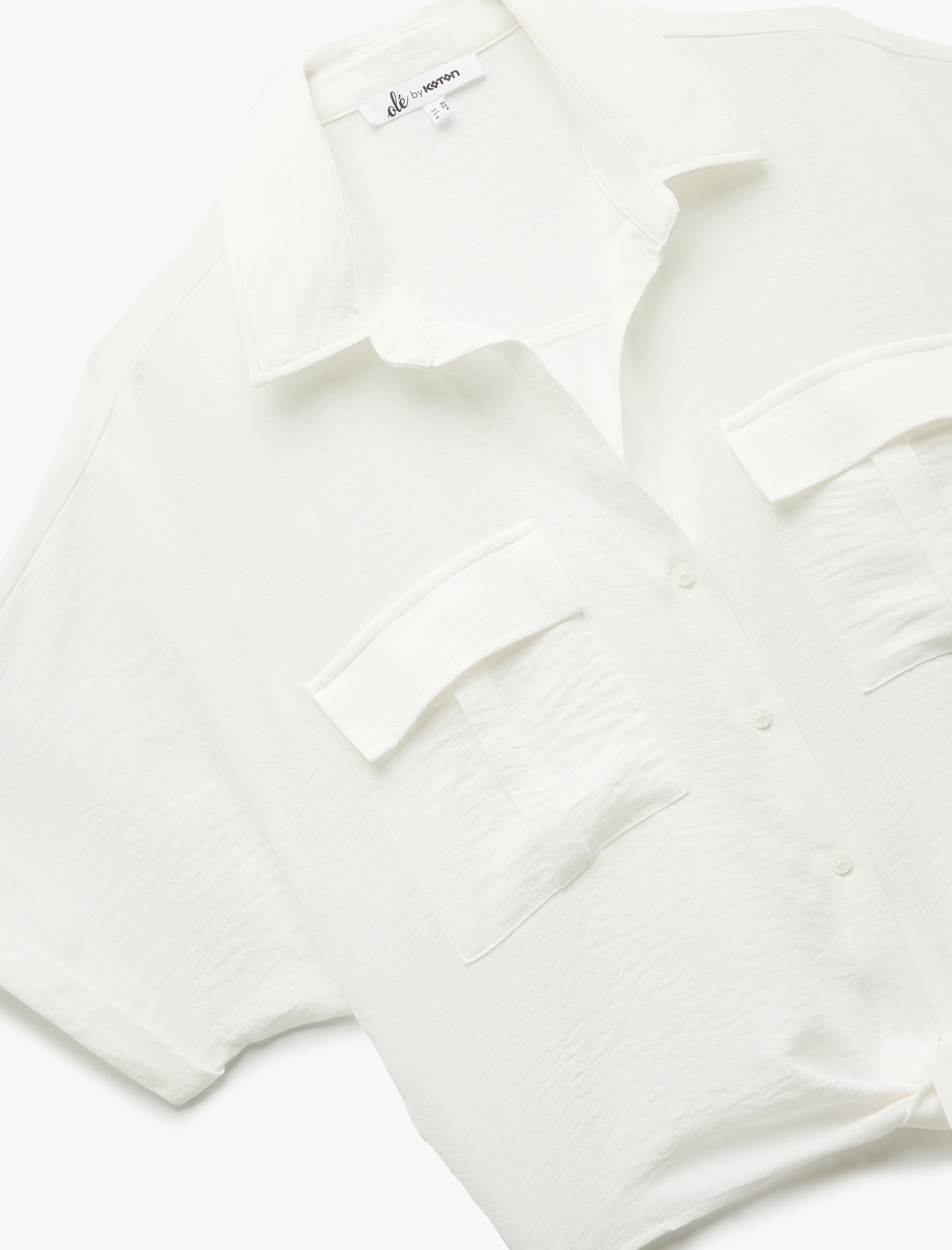   Kısa Kollu Klasik Yaka Bağlama Detaylı Cepli Crop Oversize Bluz